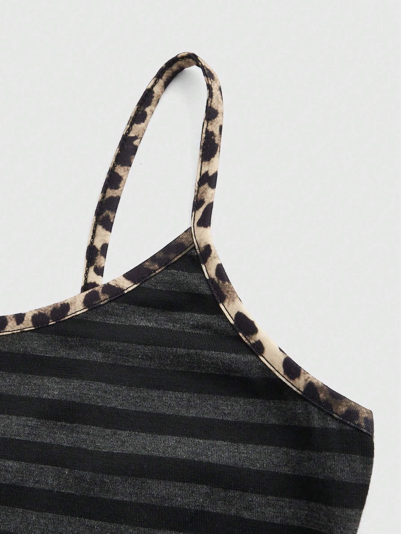 ROMWE Goth Top corto de camisola para mujeres con estampado de leopardo a rayas y bordes fruncidos