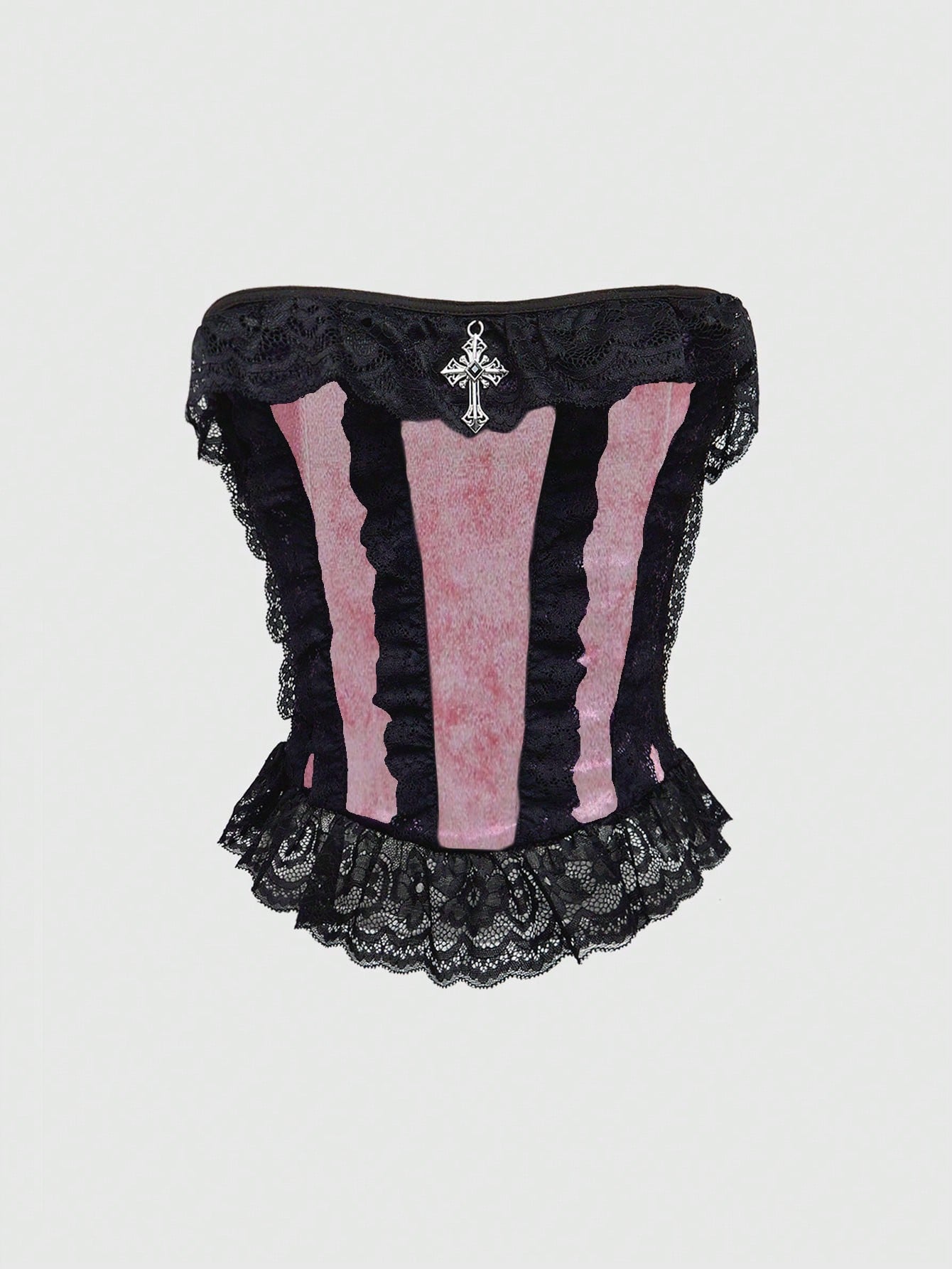 ROMWE Goth Top de corpiño de terciopelo con aplicaciones de encaje y decoración de cruz al estilo del palacio gótico para mujer