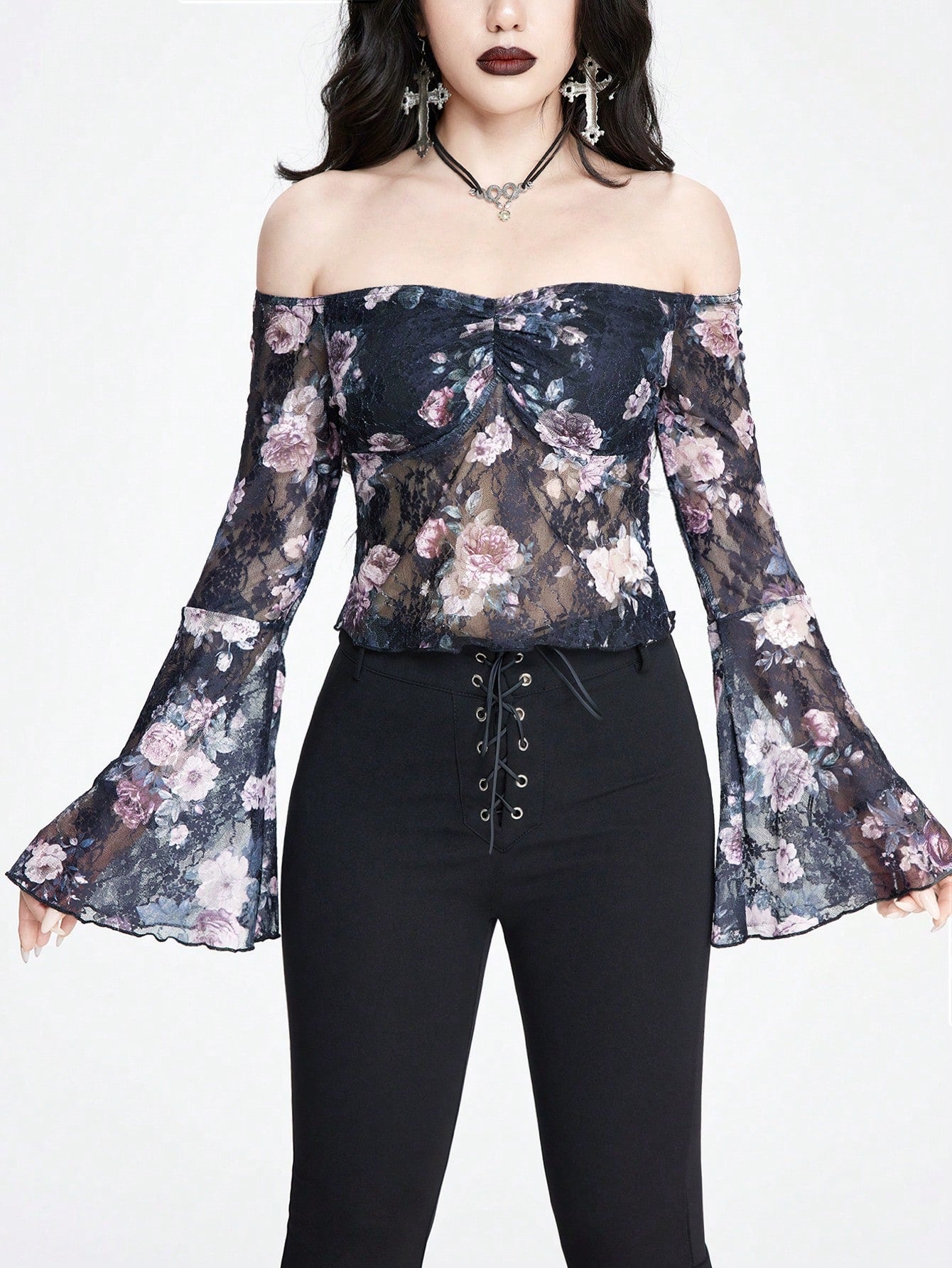 ROMWE Goth Top sexy y romántico con hombros descubiertos con diseño de impresión digital de rosas y encaje para mujer