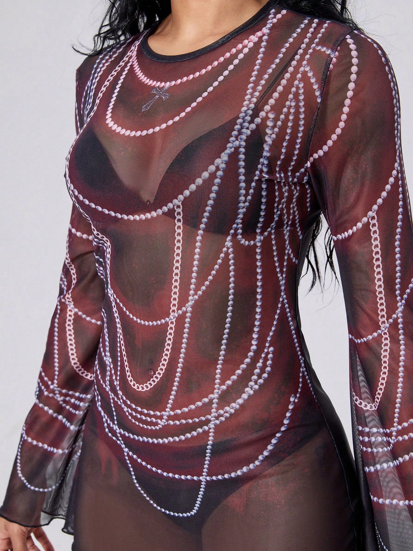 ROMWE Goth Vestido de cubierta con mangas acampanadas estampado, con colgante de cruz y perla gótica punk para mujer, adecuado para playa, vacaciones, discoteca