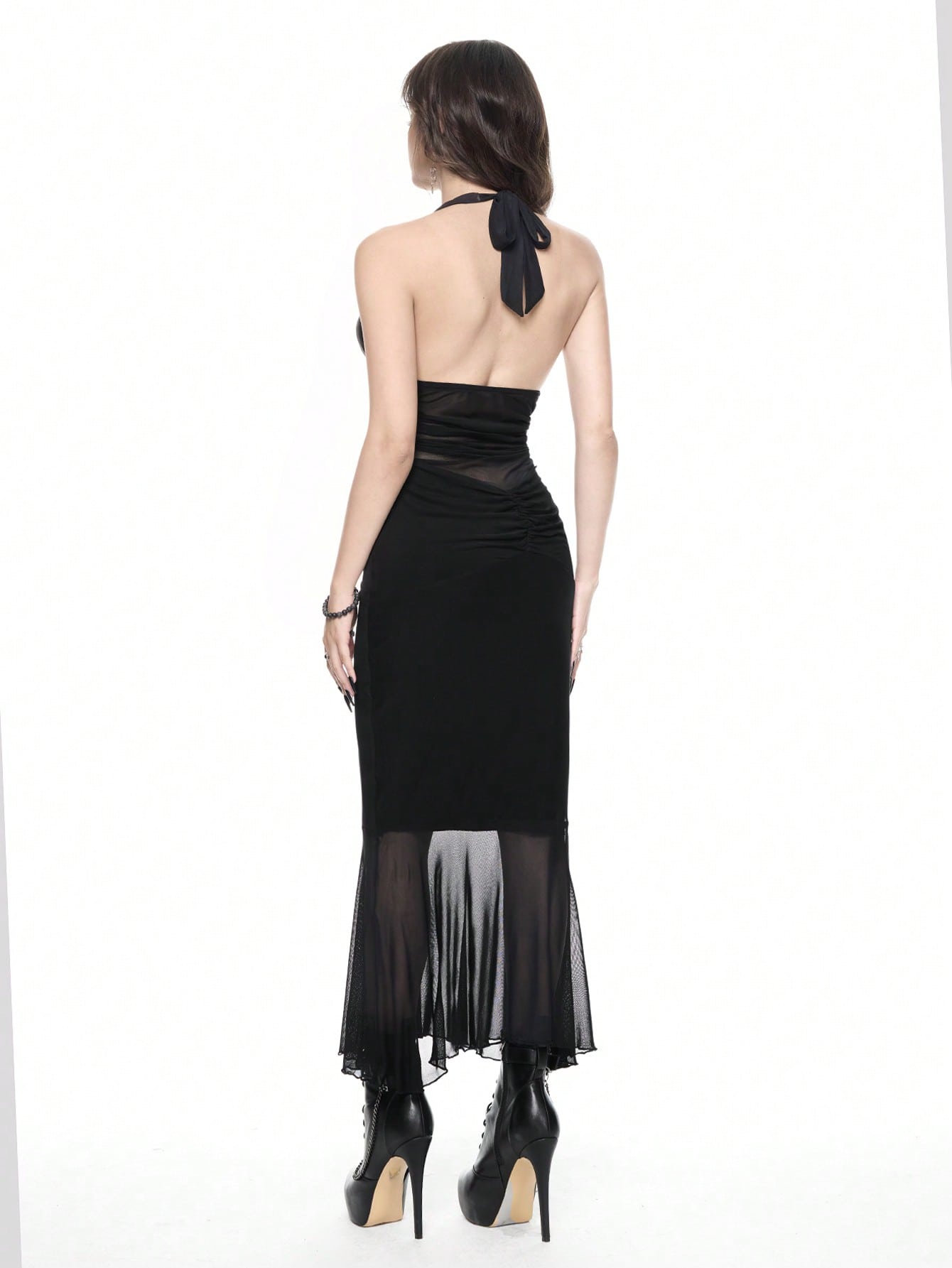 ROMWE Goth Vestido largo para mujer con cuello halter transparente, con strass en forma de cruz y plisado