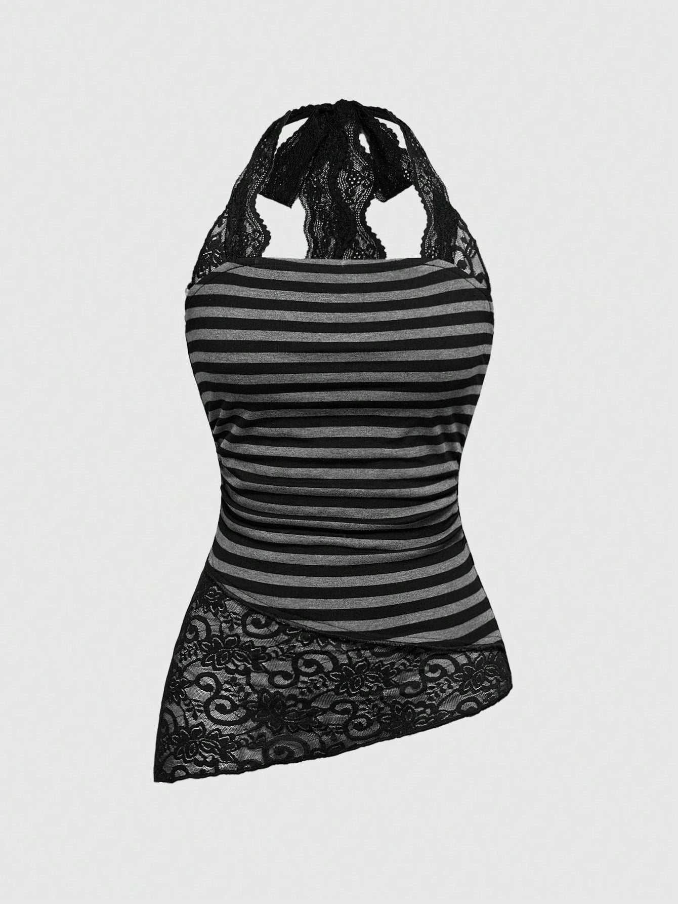 ROMWE Grunge Punk Blusa de mujer con cuello de corbata, encaje, franja y bajo asimétrico, estilo universitario, temporada de vuelta al colegio