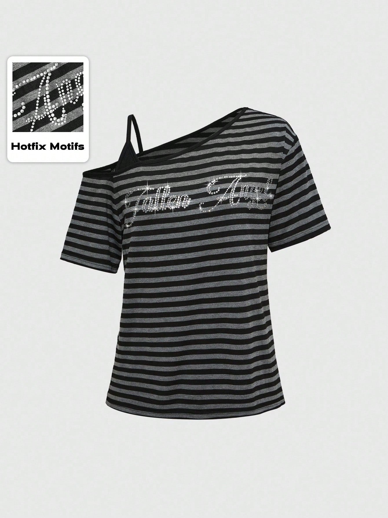 ROMWE Grunge Punk Camiseta de mujer suelta 2 en 1 con hombro oblicuo, rayas, letras y aplicación de strass en estilo dark punk