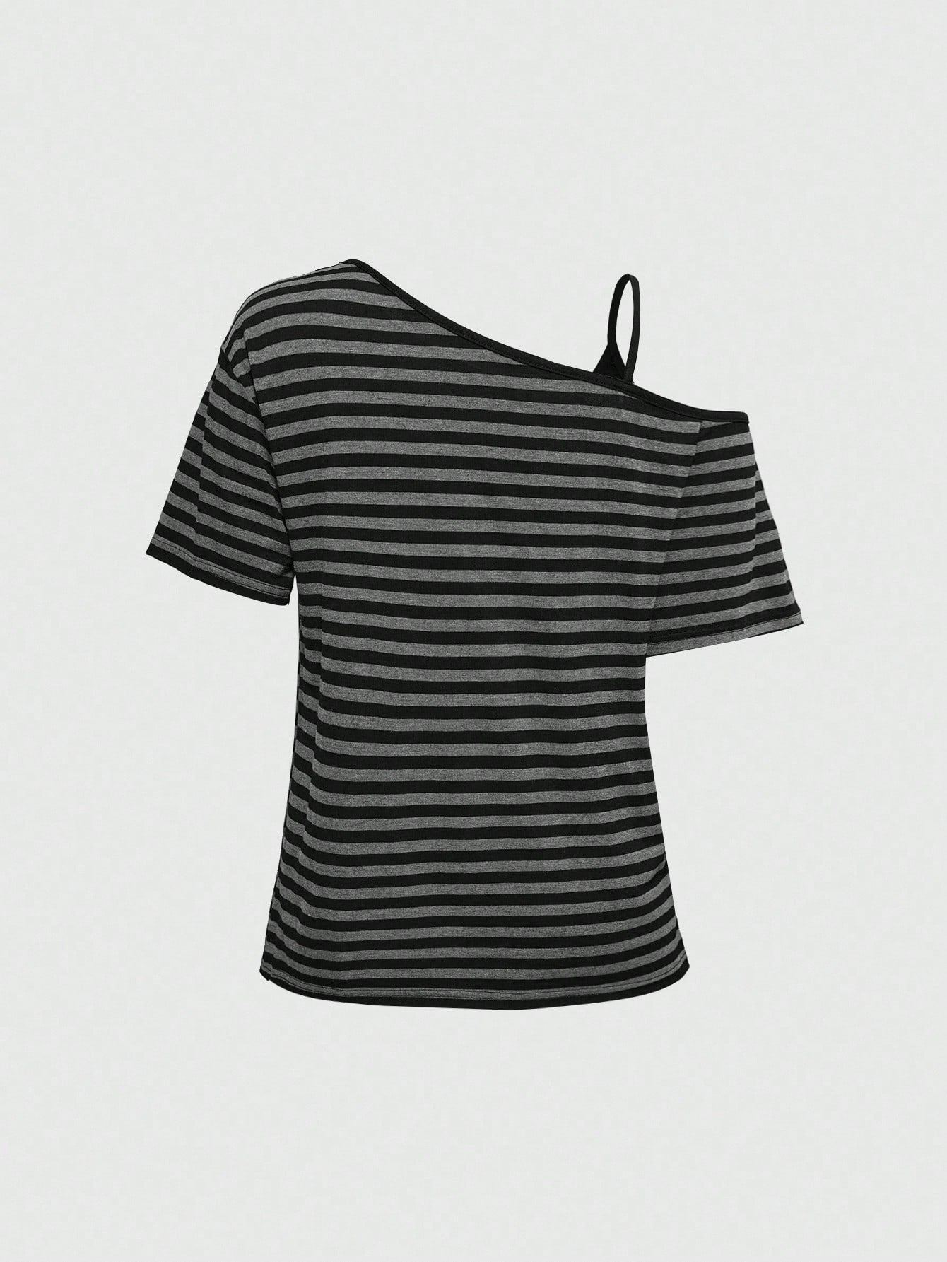 ROMWE Grunge Punk Camiseta de mujer suelta 2 en 1 con hombro oblicuo, rayas, letras y aplicación de strass en estilo dark punk