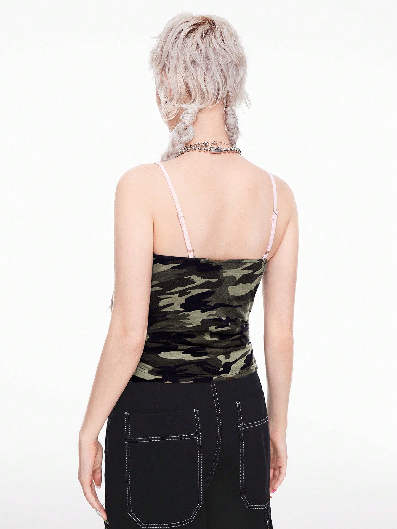 ROMWE Grunge Punk Camiseta de tirantes con encaje de camuflaje para mujer
