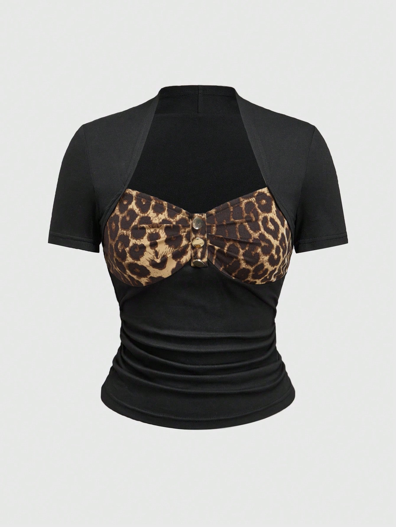 ROMWE Grunge Punk Camiseta elástica de mujer con estampado de leopardo en patchwork, estilo vintage de festival de música