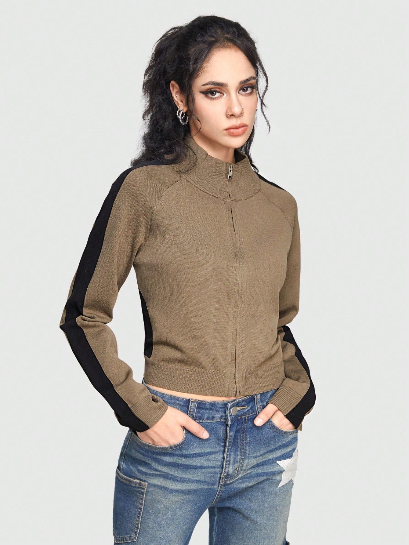 ROMWE Grunge Punk Chaqueta De Punto Con Cremallera Y Parche Para Mujer De Color Blocked