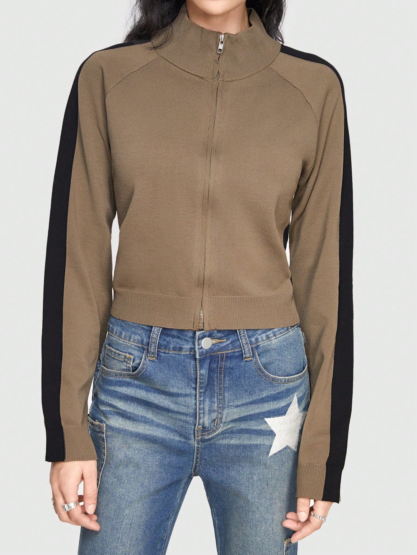 ROMWE Grunge Punk Chaqueta De Punto Con Cremallera Y Parche Para Mujer De Color Blocked