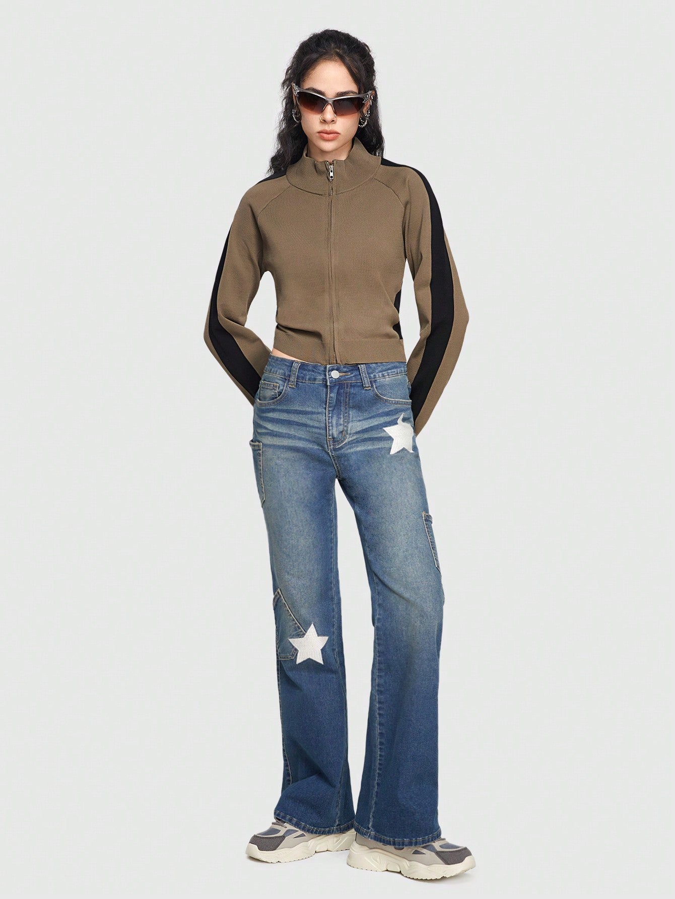 ROMWE Grunge Punk Chaqueta De Punto Con Cremallera Y Parche Para Mujer De Color Blocked
