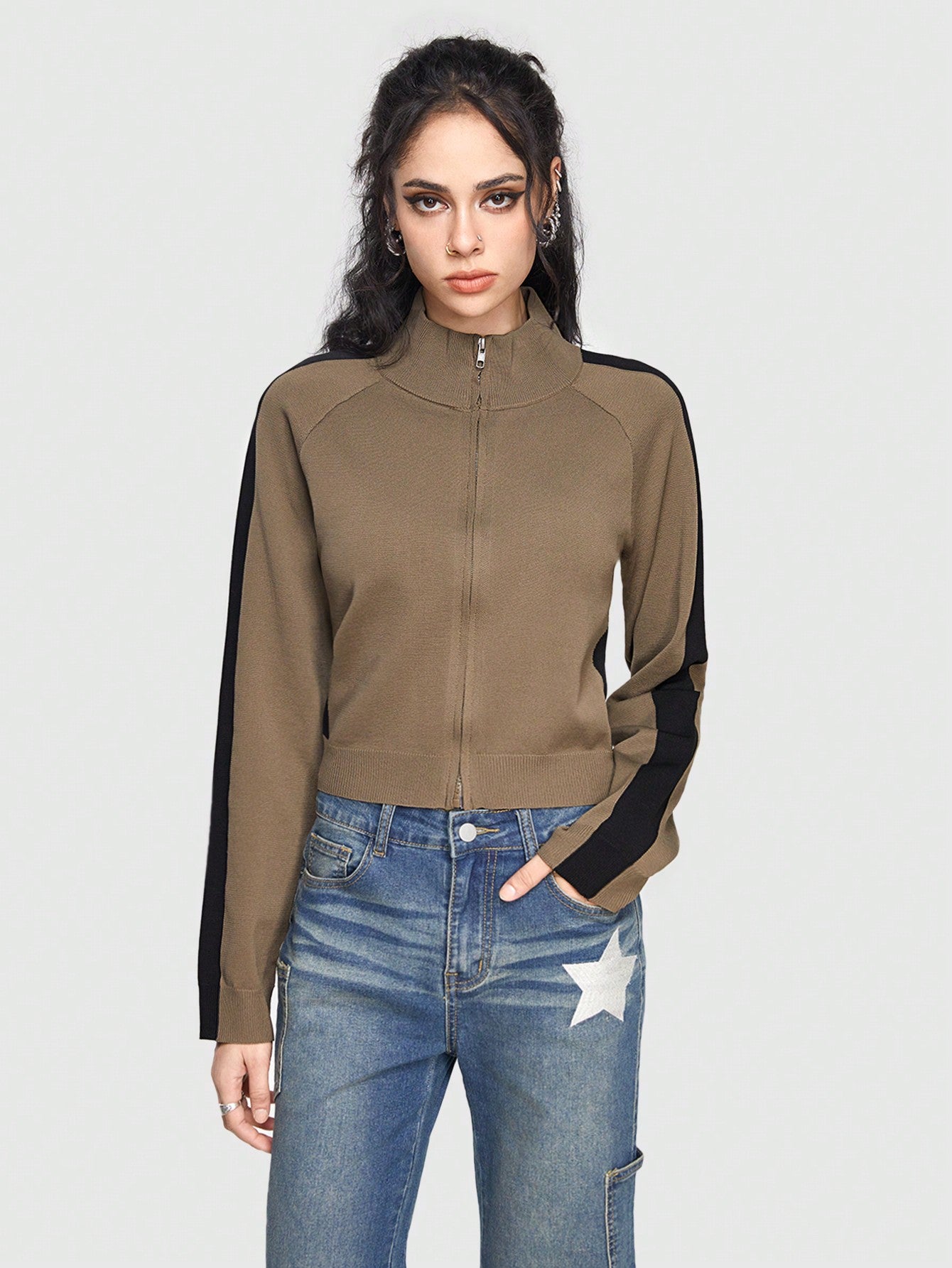ROMWE Grunge Punk Chaqueta De Punto Con Cremallera Y Parche Para Mujer De Color Blocked