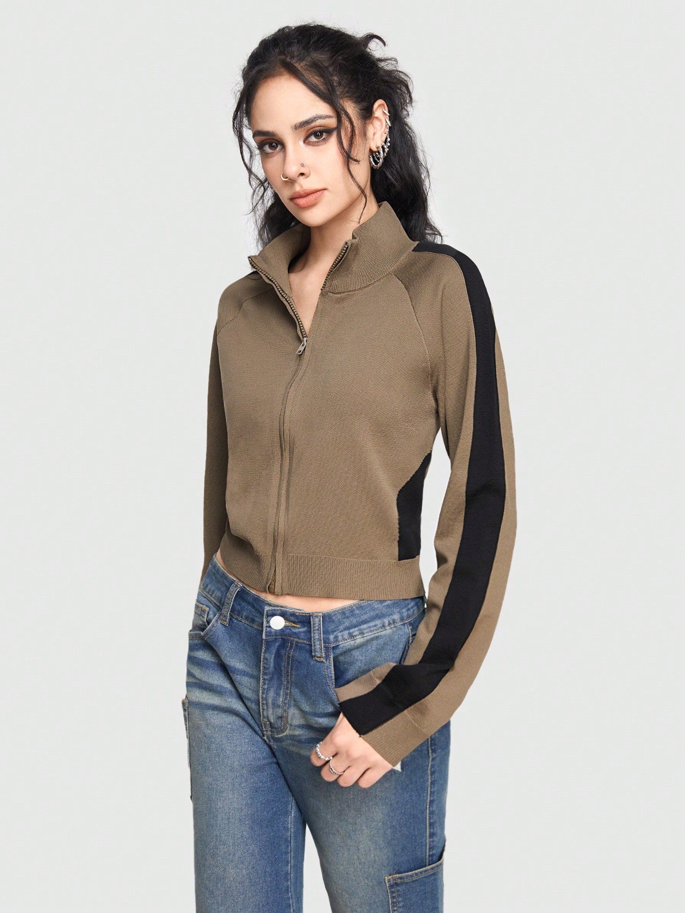 ROMWE Grunge Punk Chaqueta De Punto Con Cremallera Y Parche Para Mujer De Color Blocked