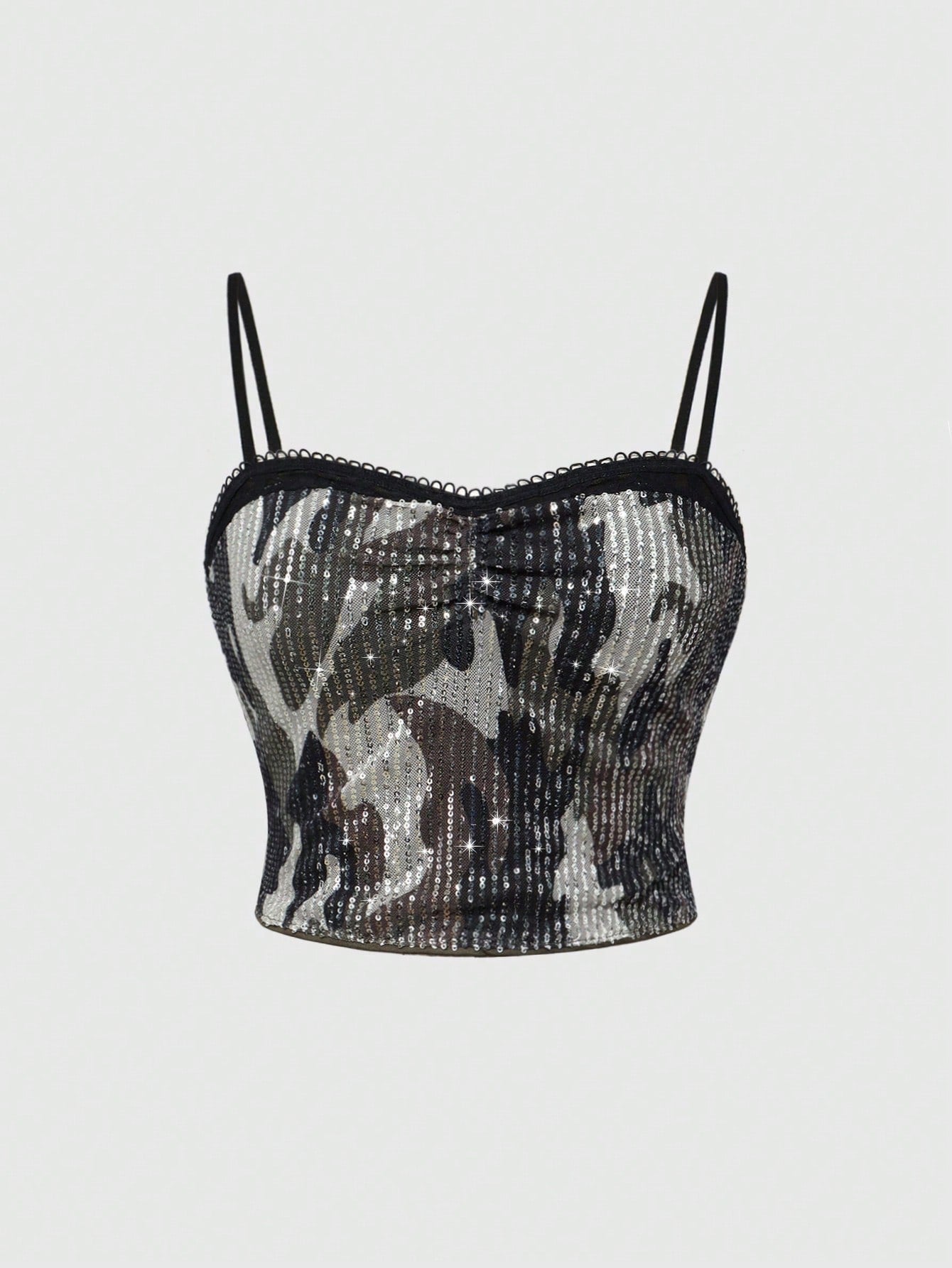 ROMWE Grunge Punk Conjunto de verano "Y2K Baddie" para mujer con top de tirantes con mezcla de camuflaje y encaje con lentejuelas, versátil