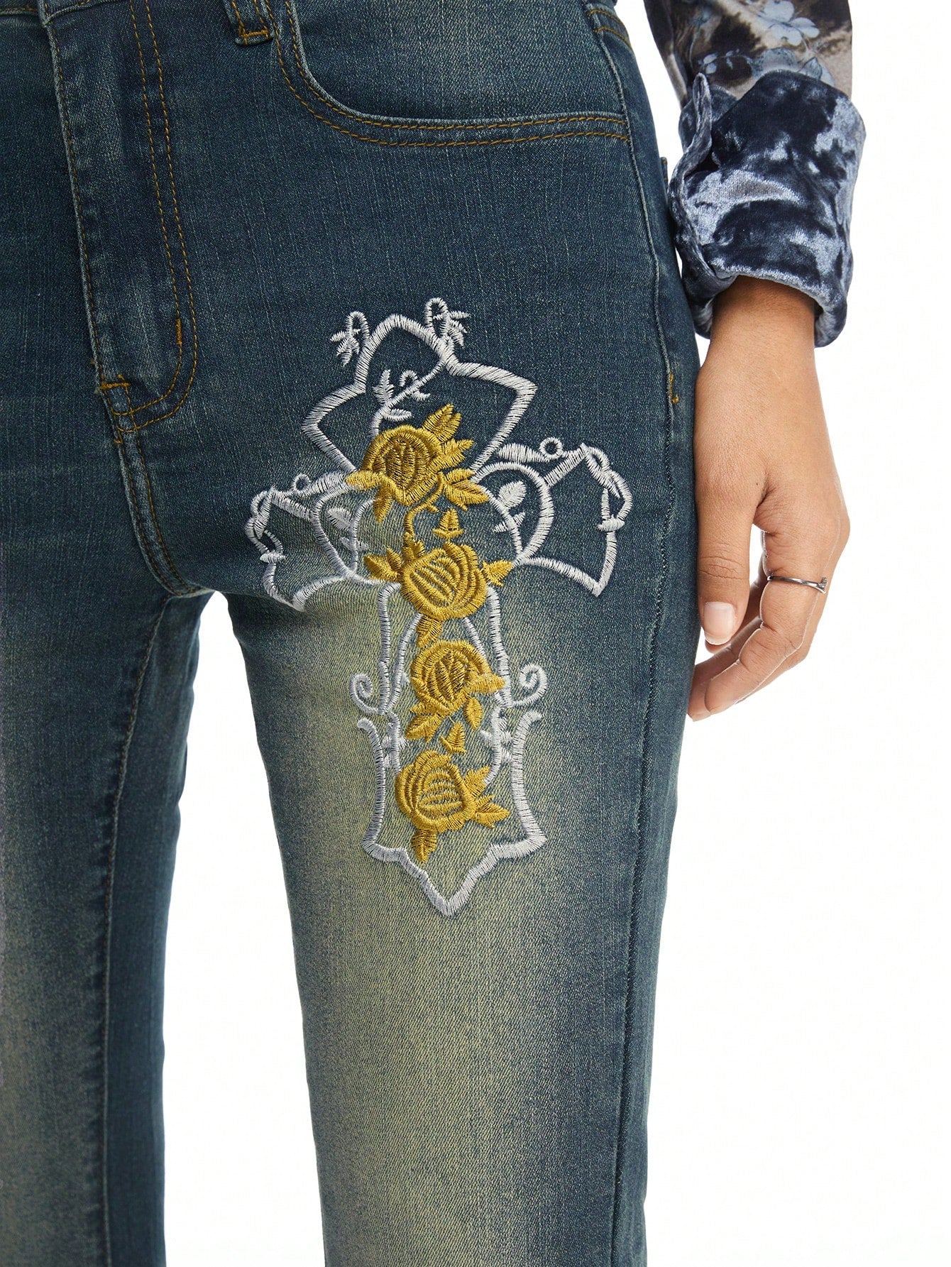 ROMWE Hippie Jeans de campana bordados vintage, pantalones vaqueros de talle bajo estilo hippie y bohemio para mujeres