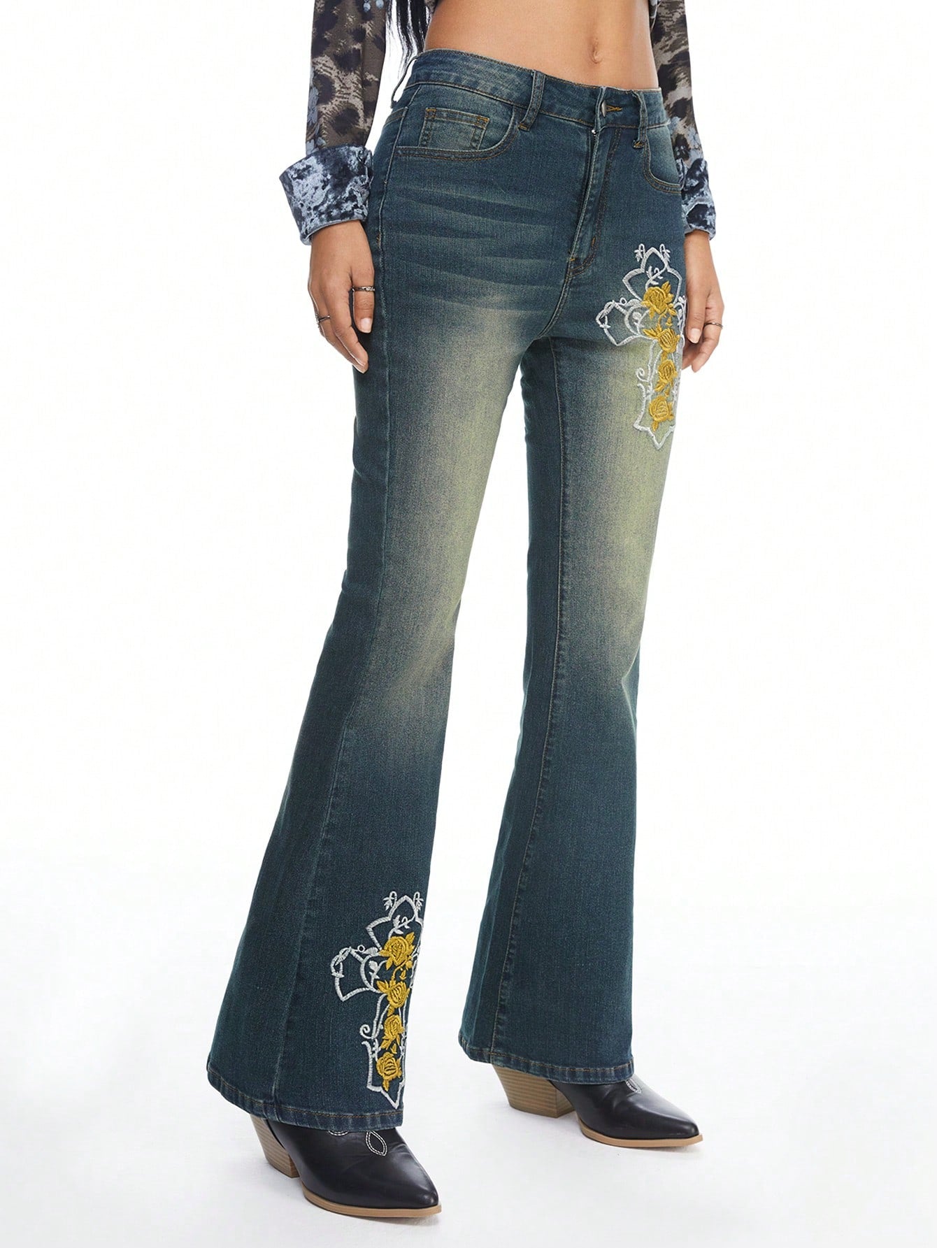 ROMWE Hippie Jeans de campana bordados vintage, pantalones vaqueros de talle bajo estilo hippie y bohemio para mujeres