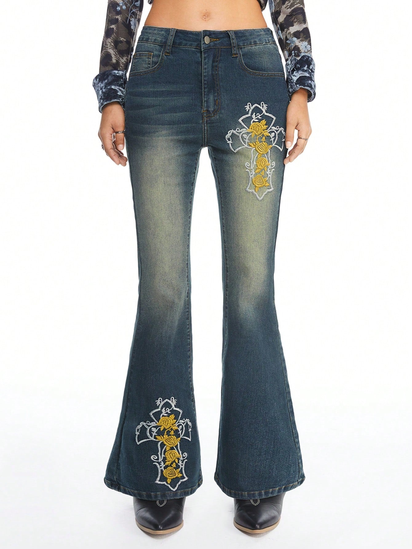 ROMWE Hippie Jeans de campana bordados vintage, pantalones vaqueros de talle bajo estilo hippie y bohemio para mujeres
