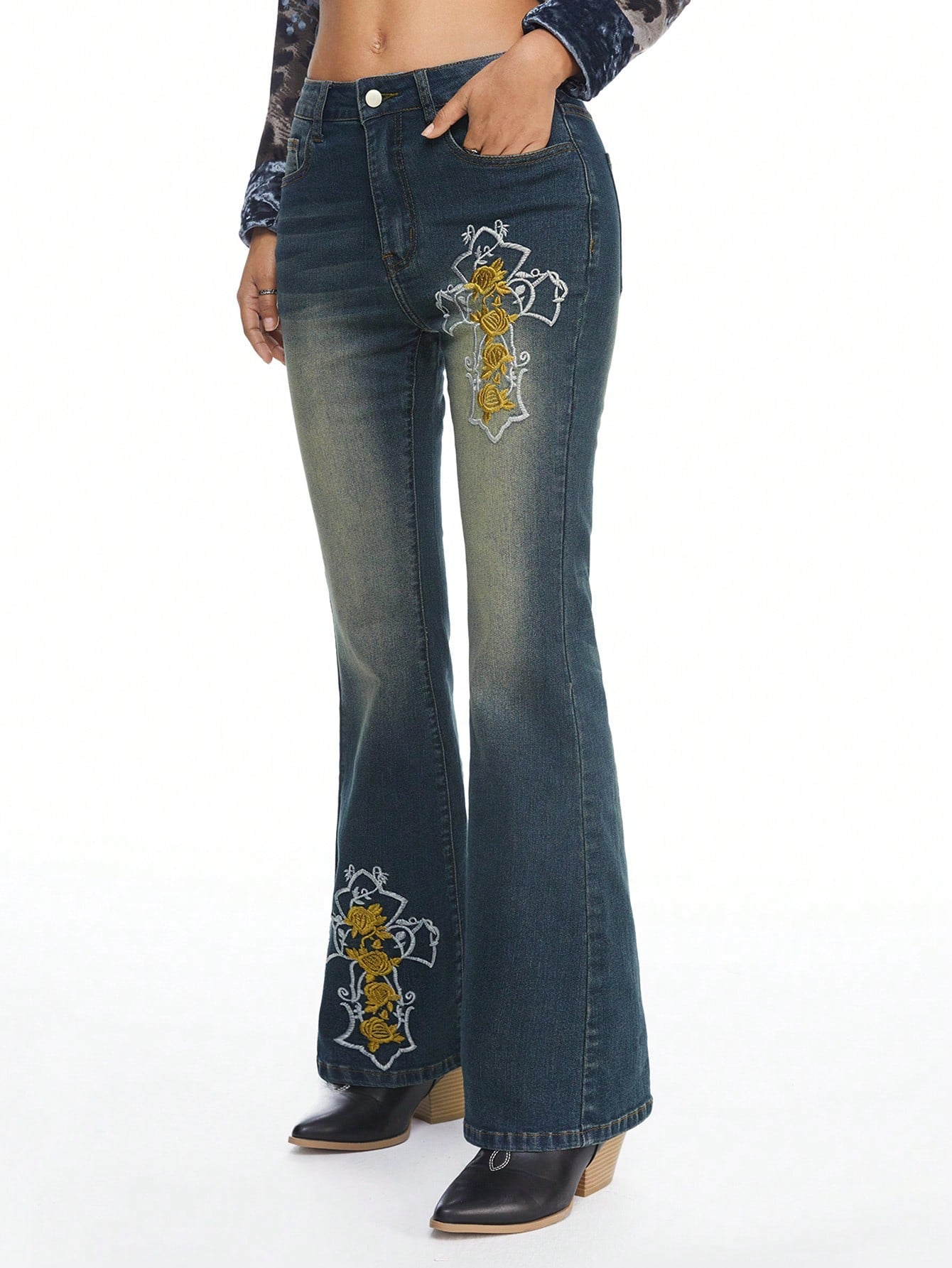 ROMWE Hippie Jeans de campana bordados vintage, pantalones vaqueros de talle bajo estilo hippie y bohemio para mujeres