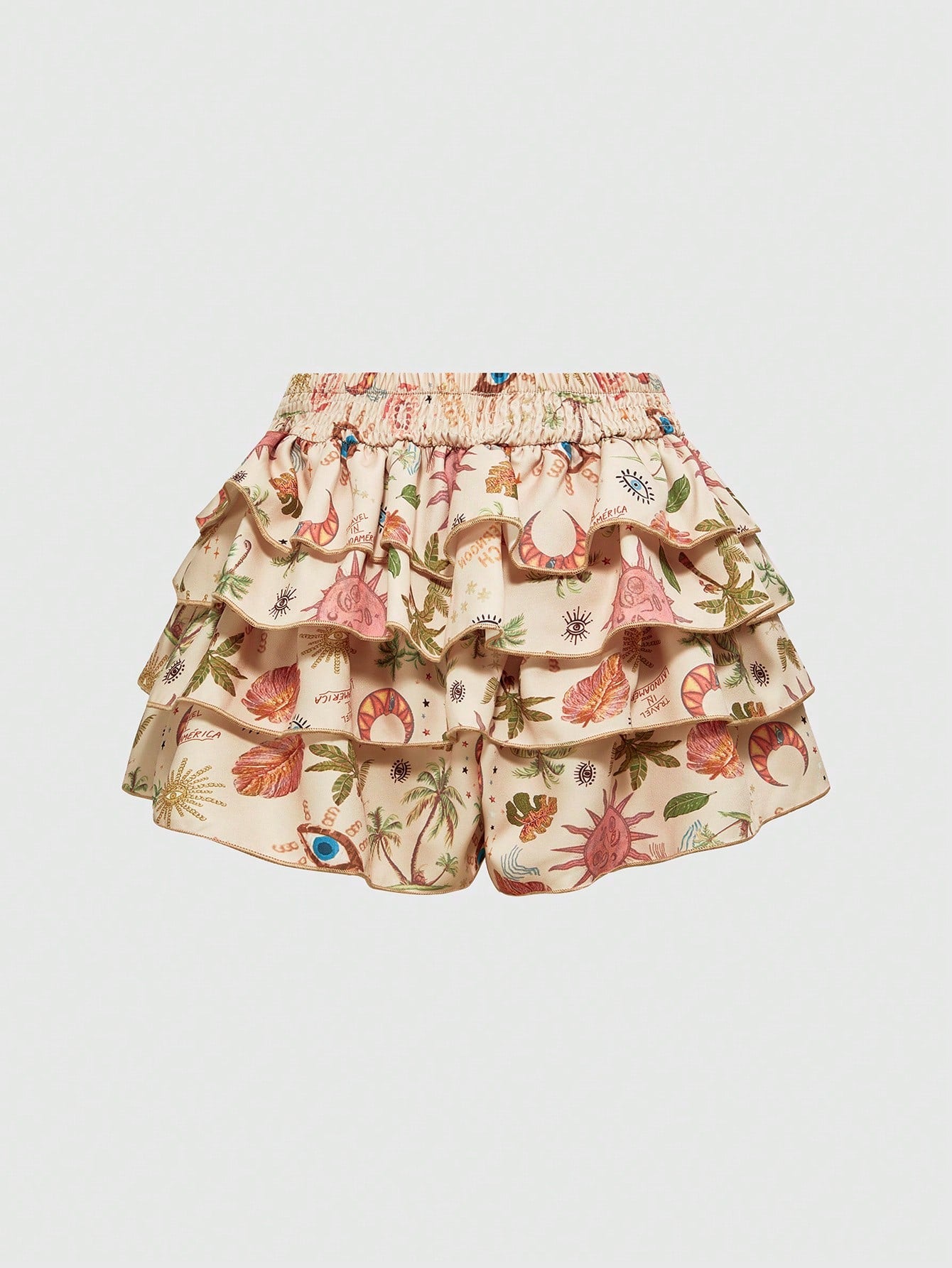 ROMWE Hippie Pantalones cortos con estampado de palmeras tropicales, luna creciente y estrella, estilo hippie de vacaciones en la playa
