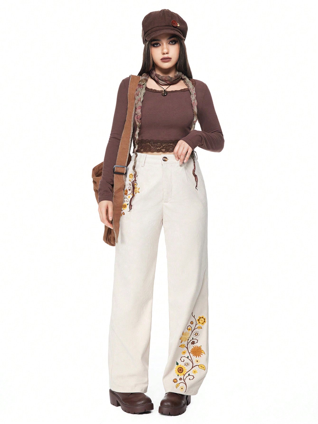 ROMWE Hippie Pantalones informales de mujer con bordado floral