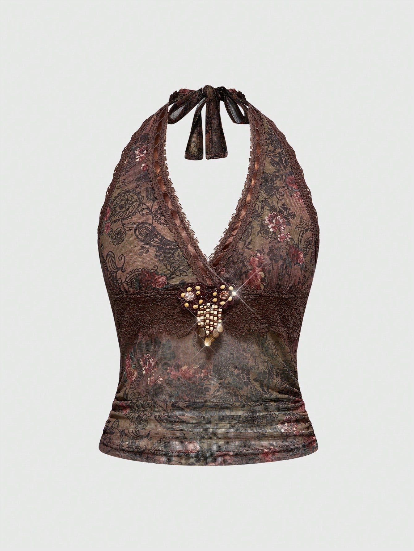 ROMWE Hippie Parte superior de halter con detalles de flecos y encaje de estilo retro hippie para vacaciones