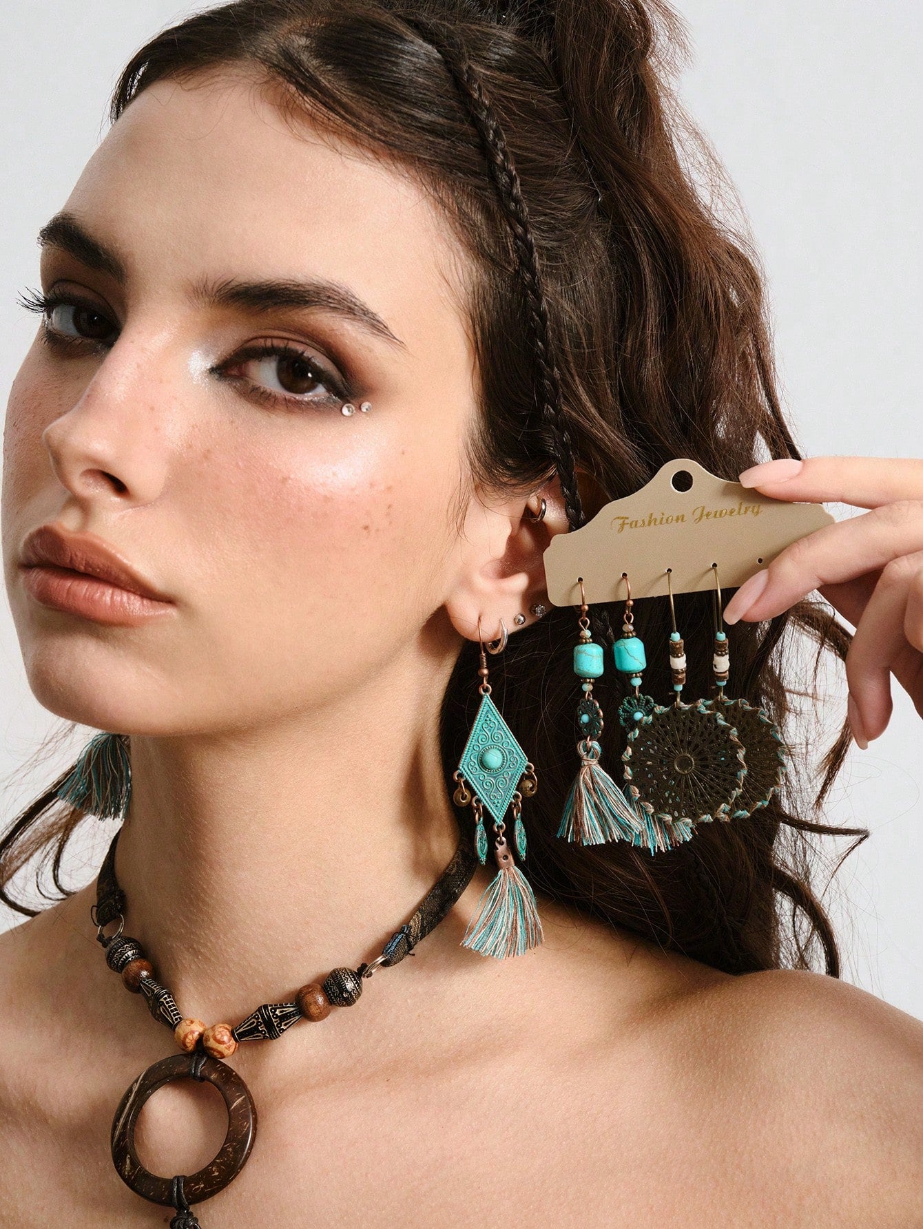 ROMWE Hippie Set de 6 pendientes de aro largos con colgantes geométricos en color verde turquesa con flecos, joyas bohemias para mujeres