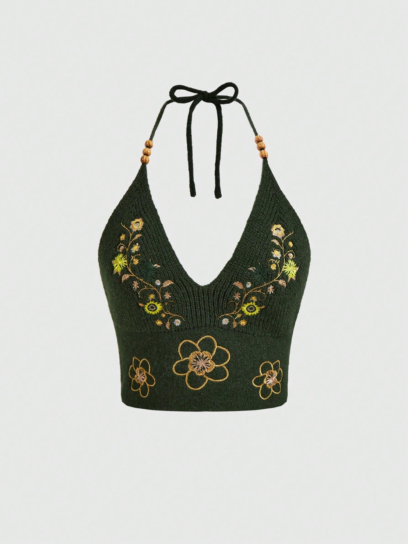 ROMWE Hippie Top de punto halter sin espalda con bordado floral
