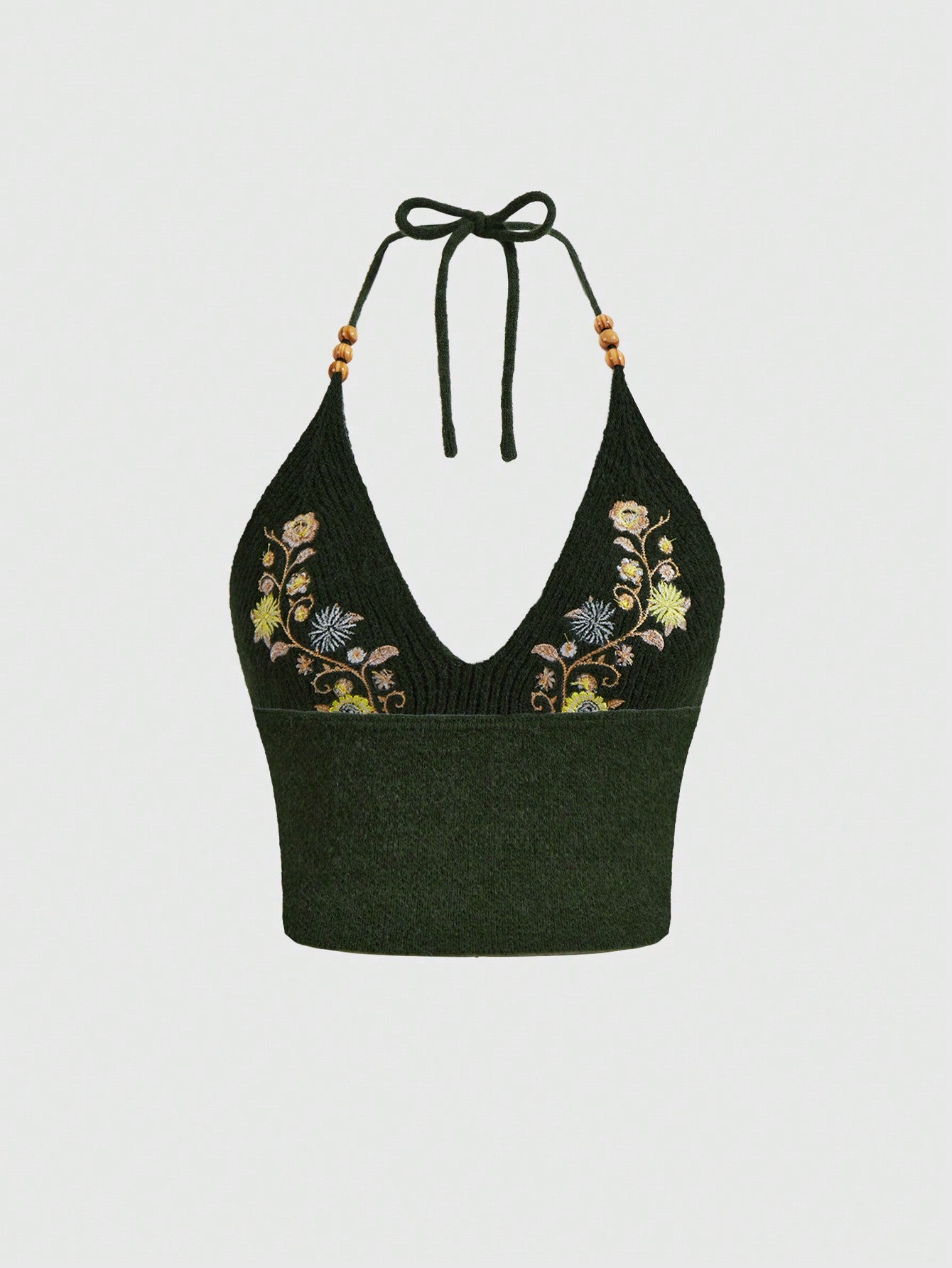 ROMWE Hippie Top de punto halter sin espalda con bordado floral