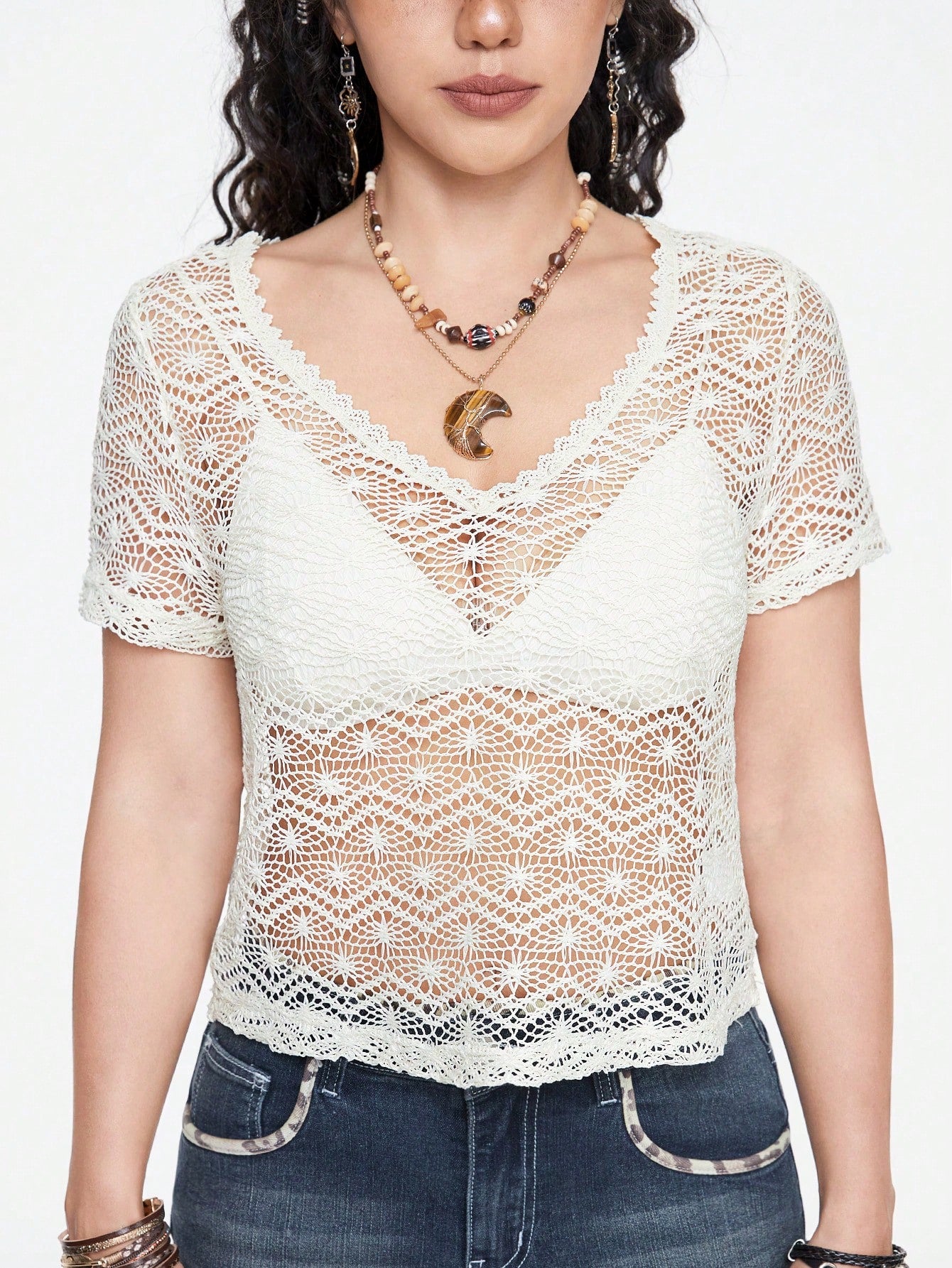 ROMWE Hippie Top de vacaciones bohemia jacquard tejida con diseño calado