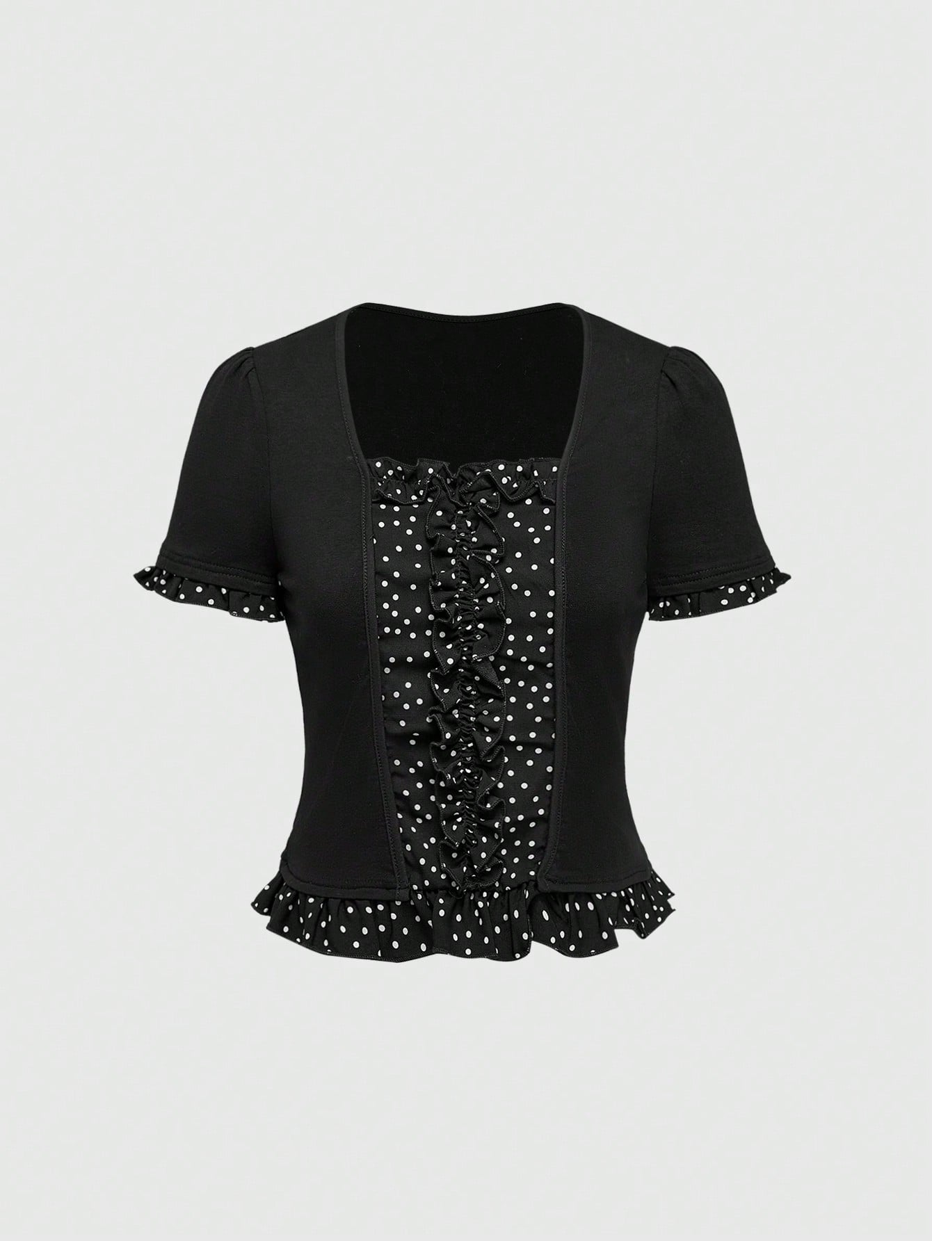 ROMWE J-Fashion Blusa de campesina con patchwork de lunares, casual y elegante para uso diario