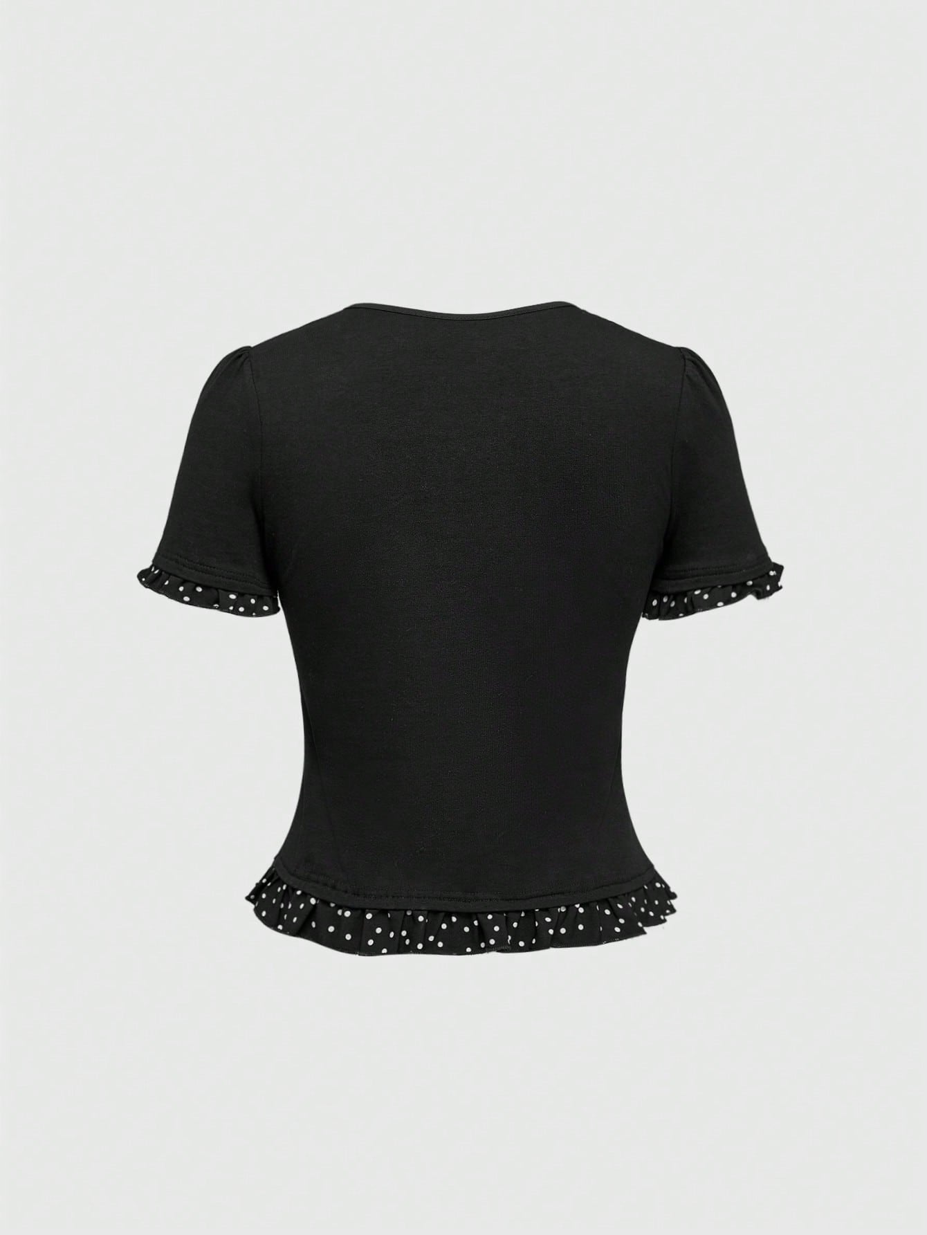 ROMWE J-Fashion Blusa de campesina con patchwork de lunares, casual y elegante para uso diario