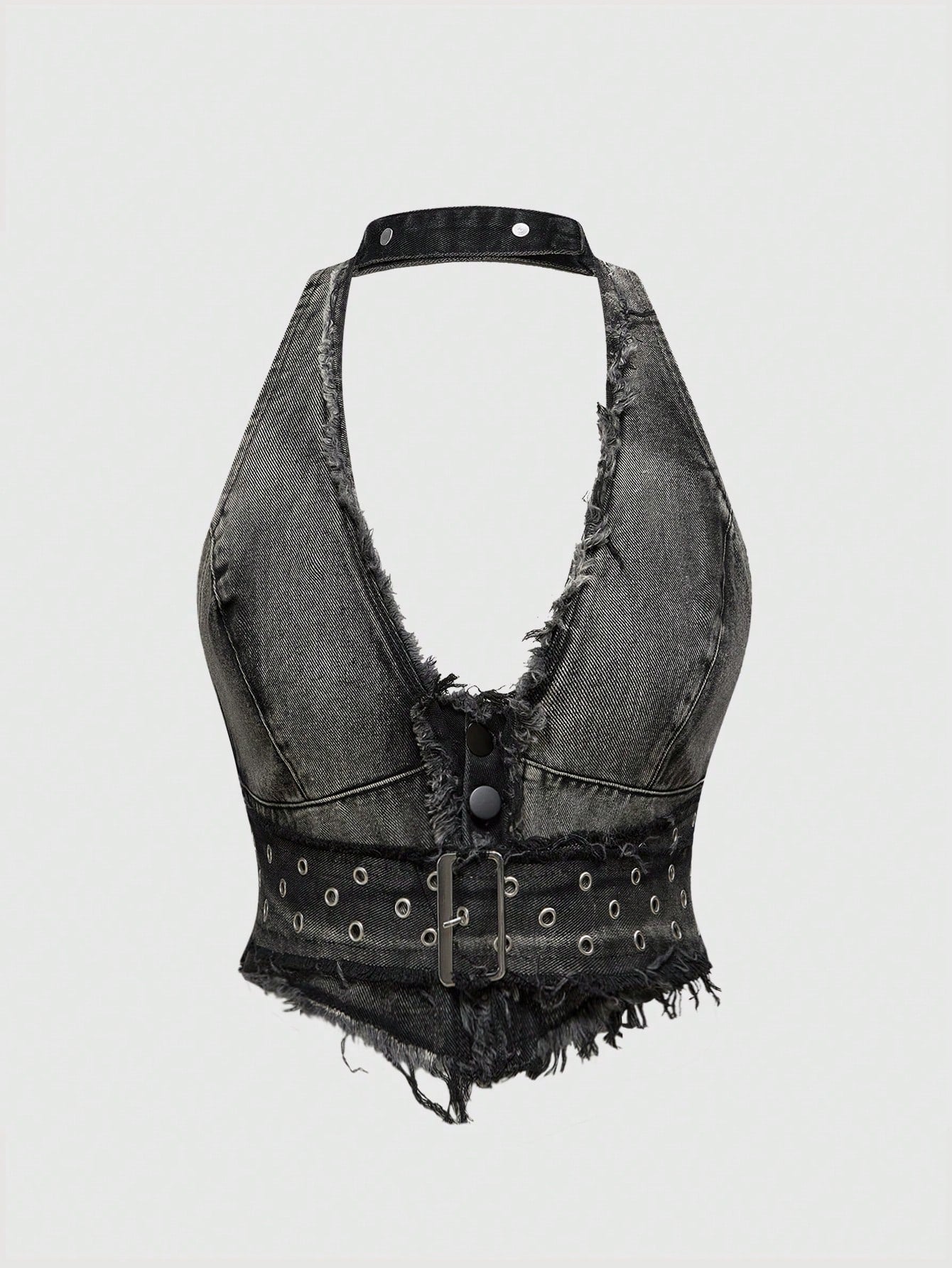 ROMWE J-Fashion Blusa de denim ajustada con cuello en V, lavado vintage y borlas