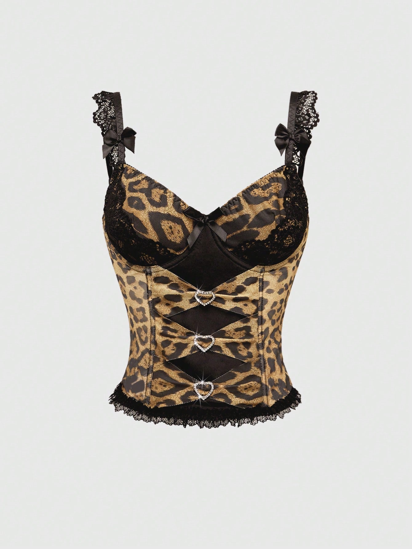 ROMWE J-Fashion Camisa de tirantes con estampado de leopardo y decoración de lazo y corazón