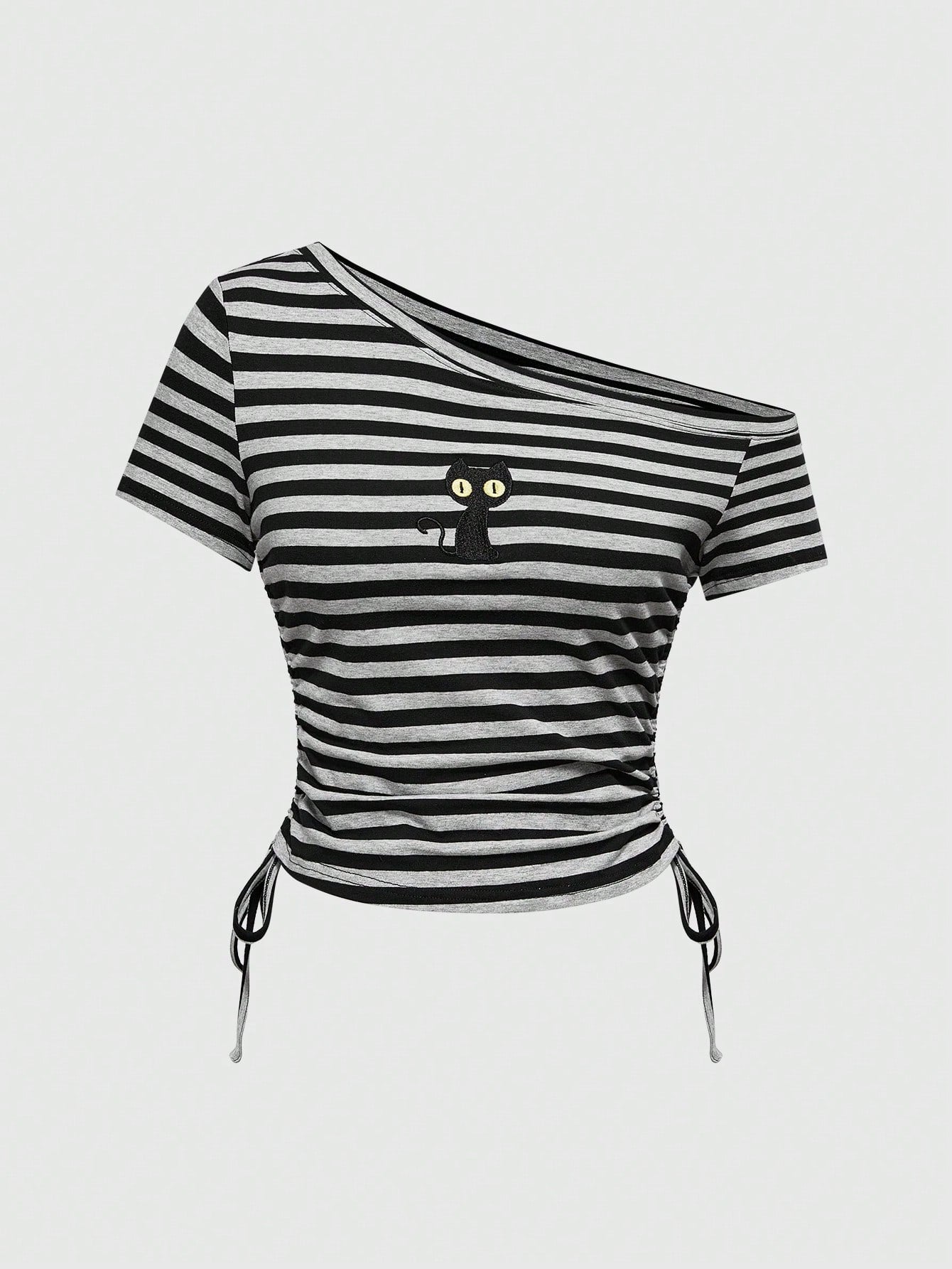 ROMWE J-Fashion Camiseta de mujer a rayas con cordón y bordado de gato negro estilo retro Y2K