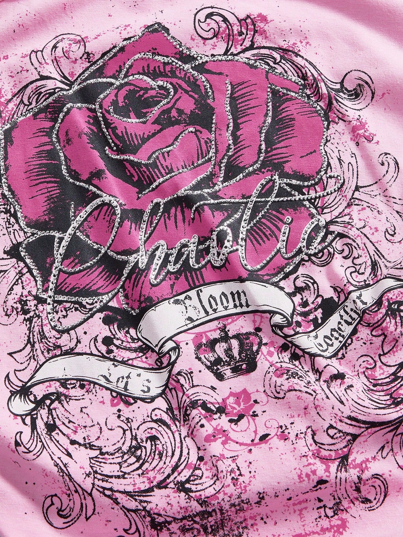 ROMWE J-Fashion Camiseta informal con estampado de rosas de rhinestone y dobladillo asimétrico para mujer, estilo callejero de Harajuku