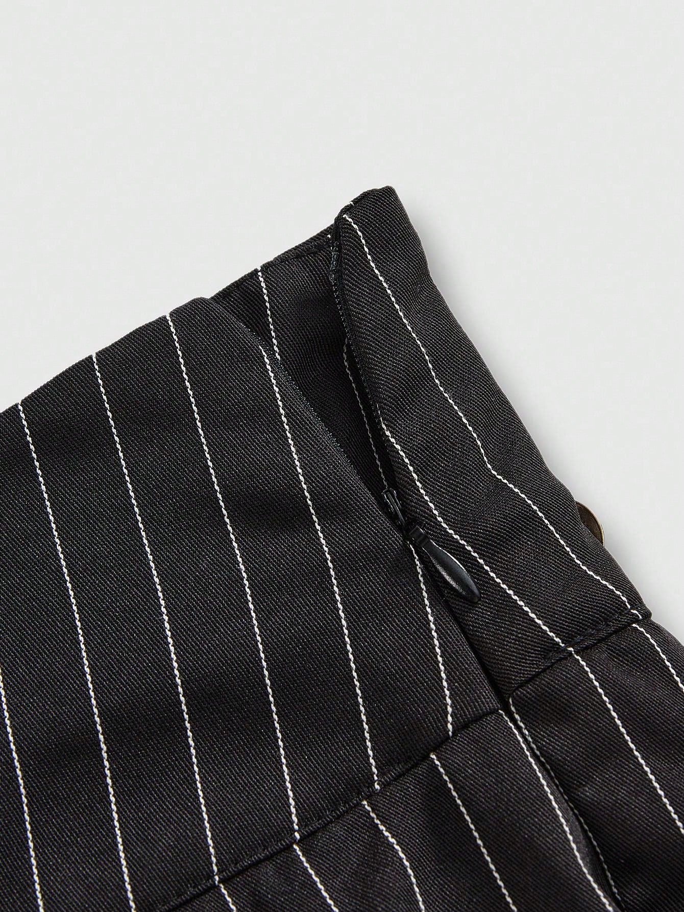 ROMWE J-Fashion Minifalda sexy con abertura, parches de encaje y decoración de cadena en estilo retro colegial rayado Harajuku Gyaru