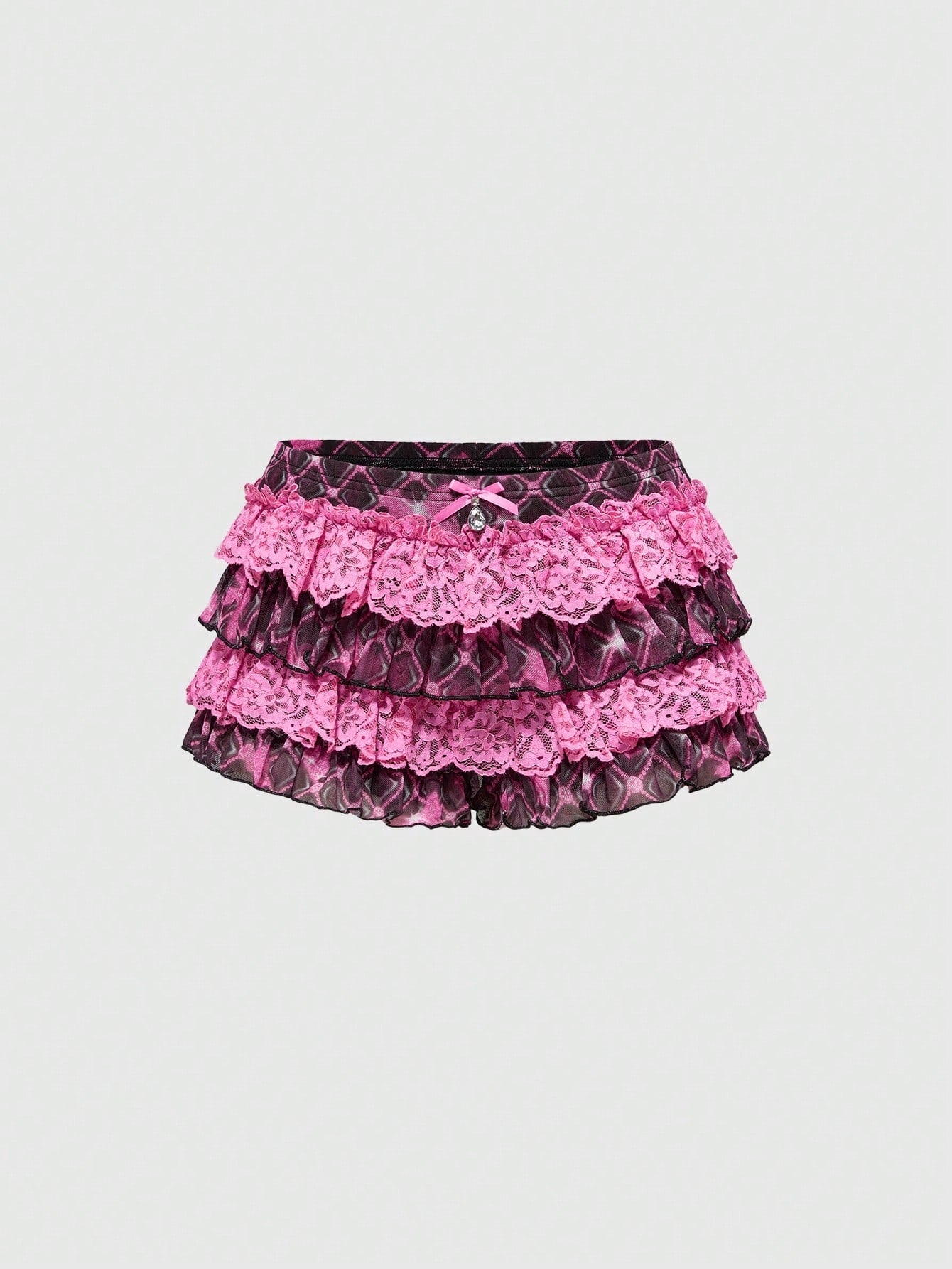ROMWE J-Fashion Pantalones cortos de mujer con estampado de cuadros, cintura baja, borde con volantes y múltiples capas de malla, en estilo Harajuku Y2K