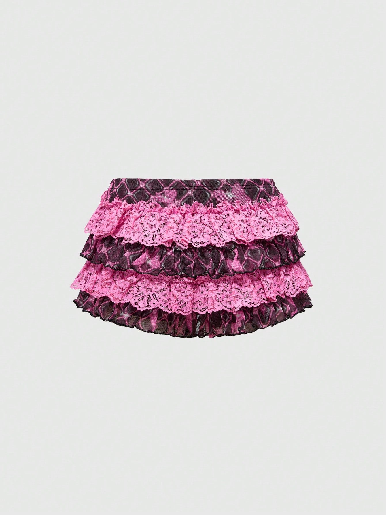 ROMWE J-Fashion Pantalones cortos de mujer con estampado de cuadros, cintura baja, borde con volantes y múltiples capas de malla, en estilo Harajuku Y2K