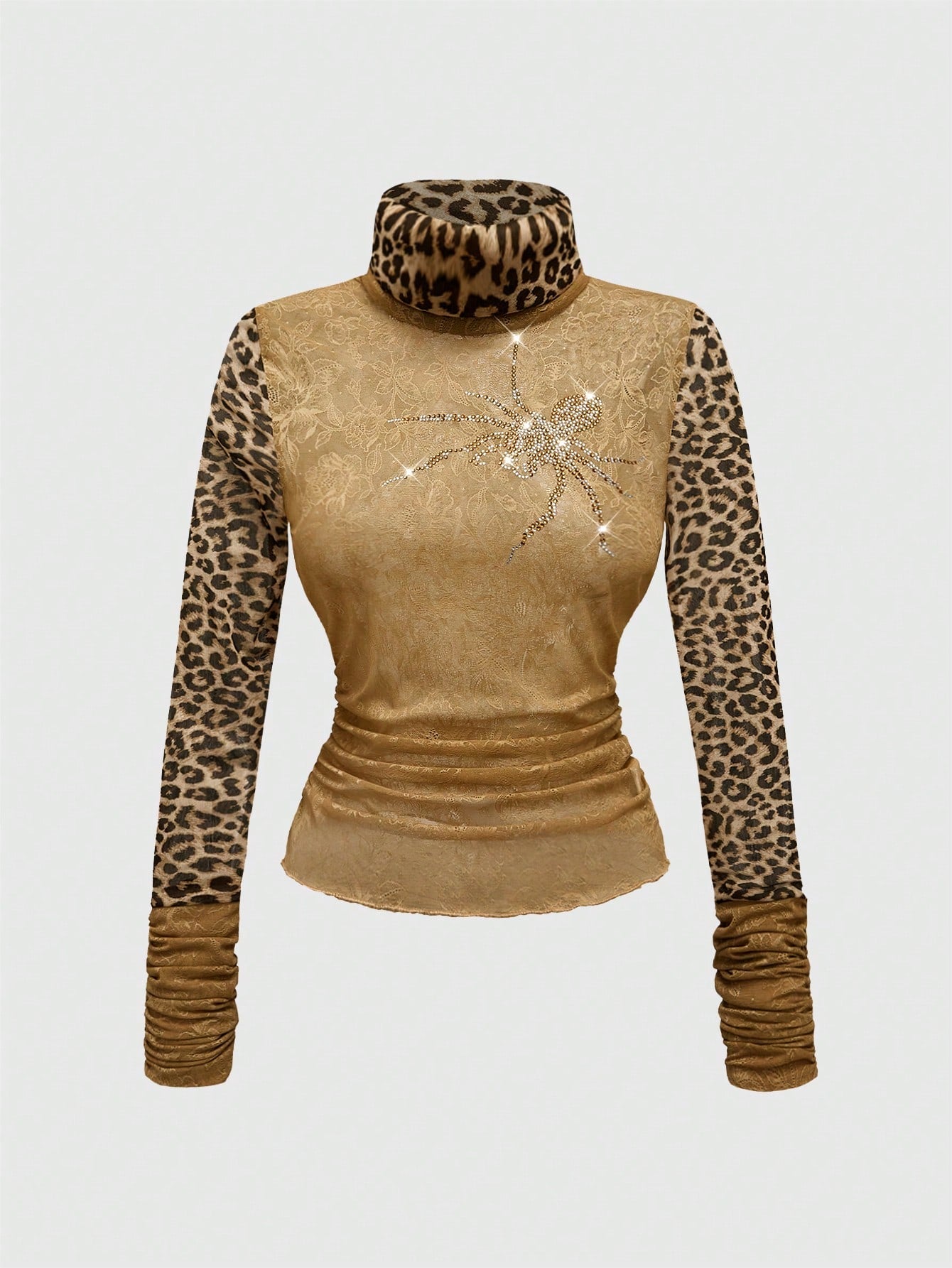 ROMWE J-Fashion Top corto y ceñido para mujer con adornos de strass, encaje, estampado de leopardo y transparencia en estilo gyaru Y2K