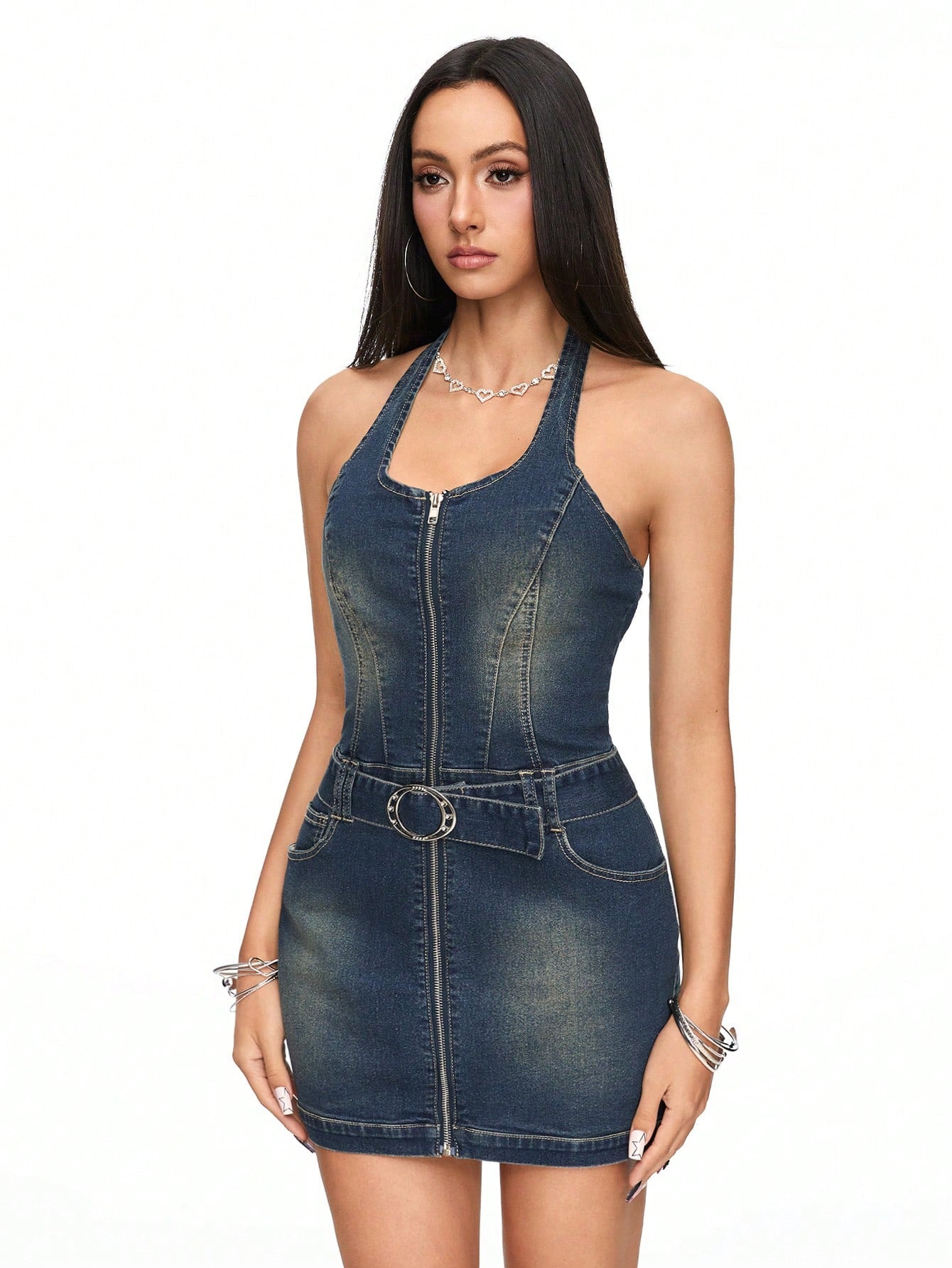 ROMWE J-Fashion Vestido vaquero sin mangas con cuello de halter con cremallera y cinturón, para la escuela