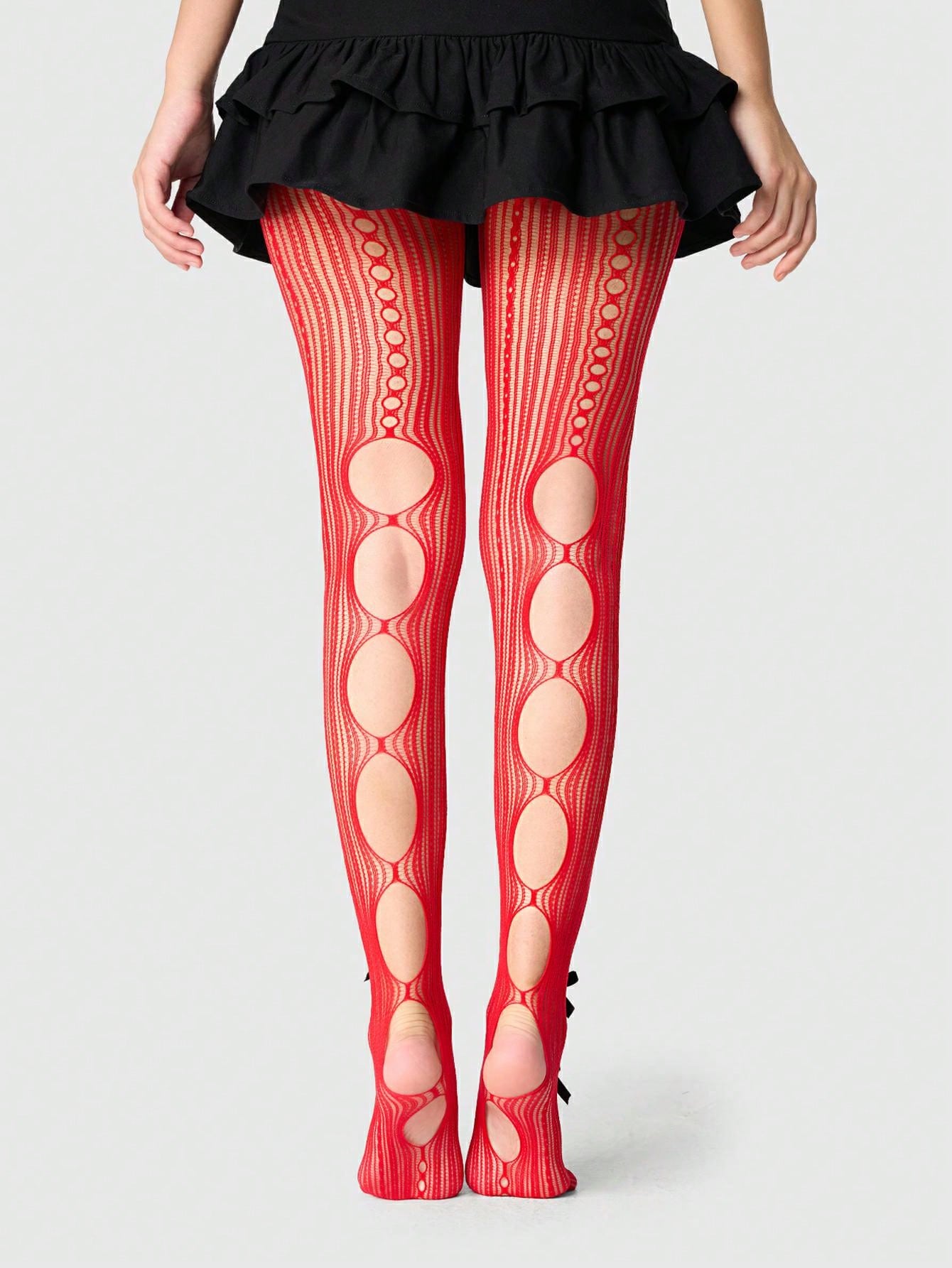 ROMWE Kawaii 1 par de calcetines de red de doble cara rojos para mujeres con 14 lazos negros, apropiados para todas las estaciones