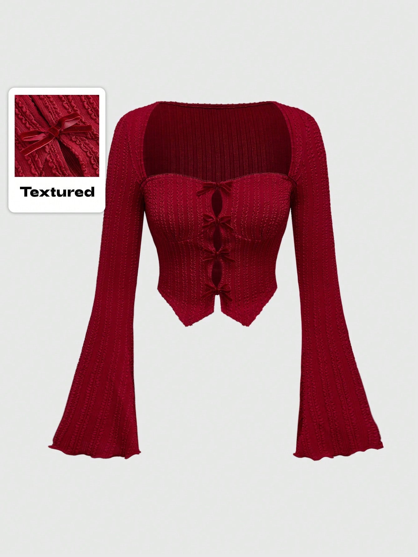 ROMWE Kawaii Blusa de mujer con lazo decorativo de tela texturizada rojo vino y abertura frontal calada para el Día de San Valentín