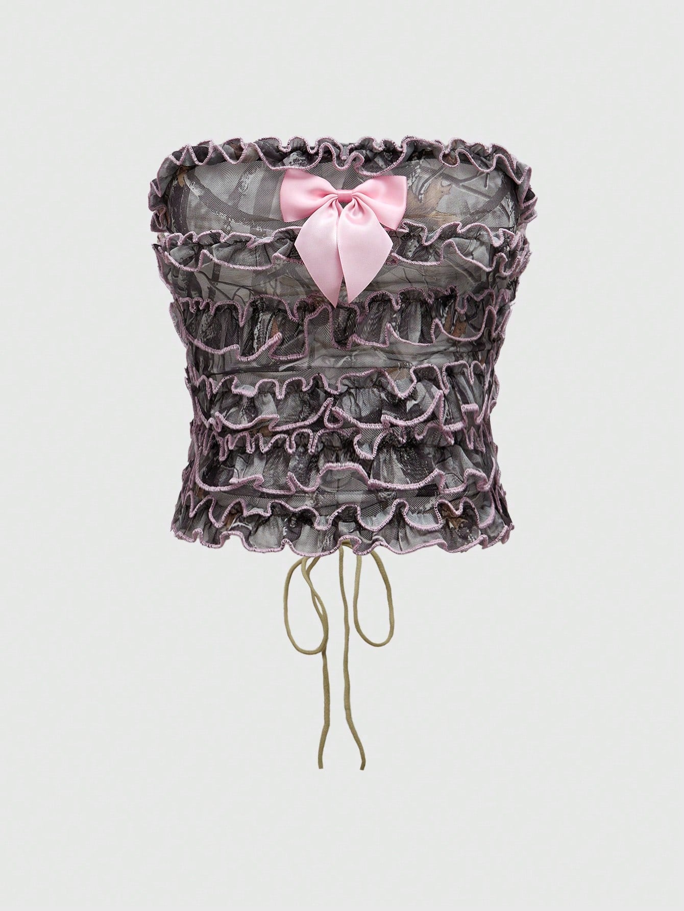 ROMWE Kawaii Blusa de tul con volantes y lazo rosa en estilo camuflaje Y2K para mujer