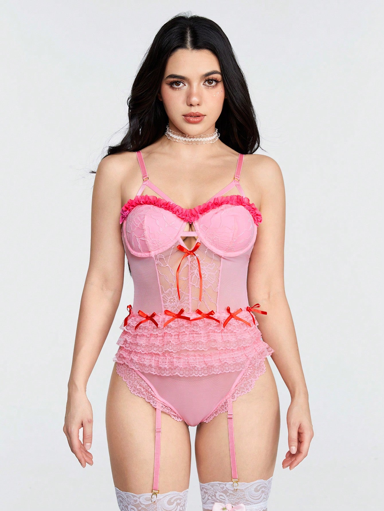 ROMWE Kawaii Body Sexy De Malla De Encaje Con Lazo Y Lazo, Capa De Pastel Con Aros Y Correa Elástica