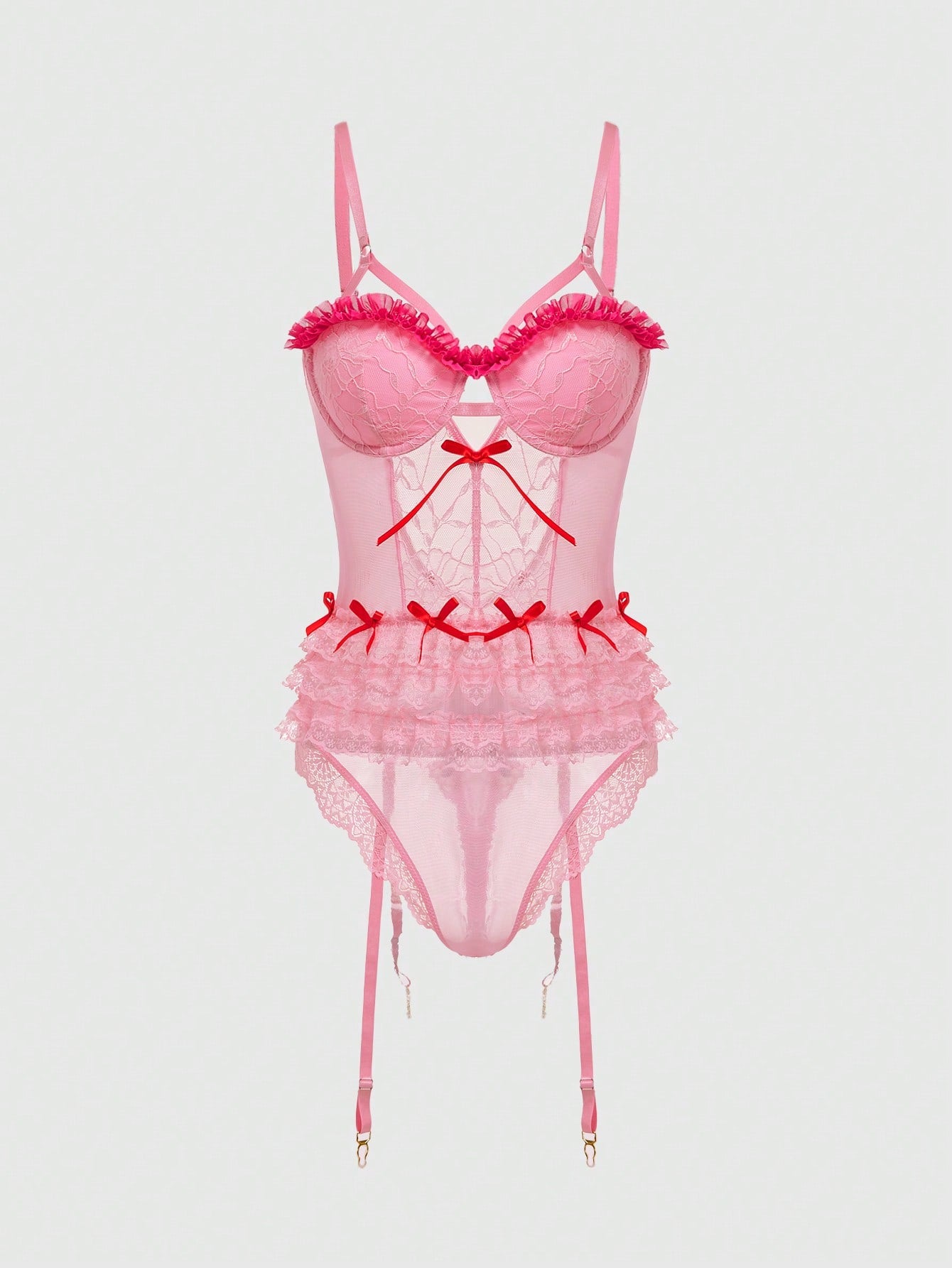 ROMWE Kawaii Body Sexy De Malla De Encaje Con Lazo Y Lazo, Capa De Pastel Con Aros Y Correa Elástica