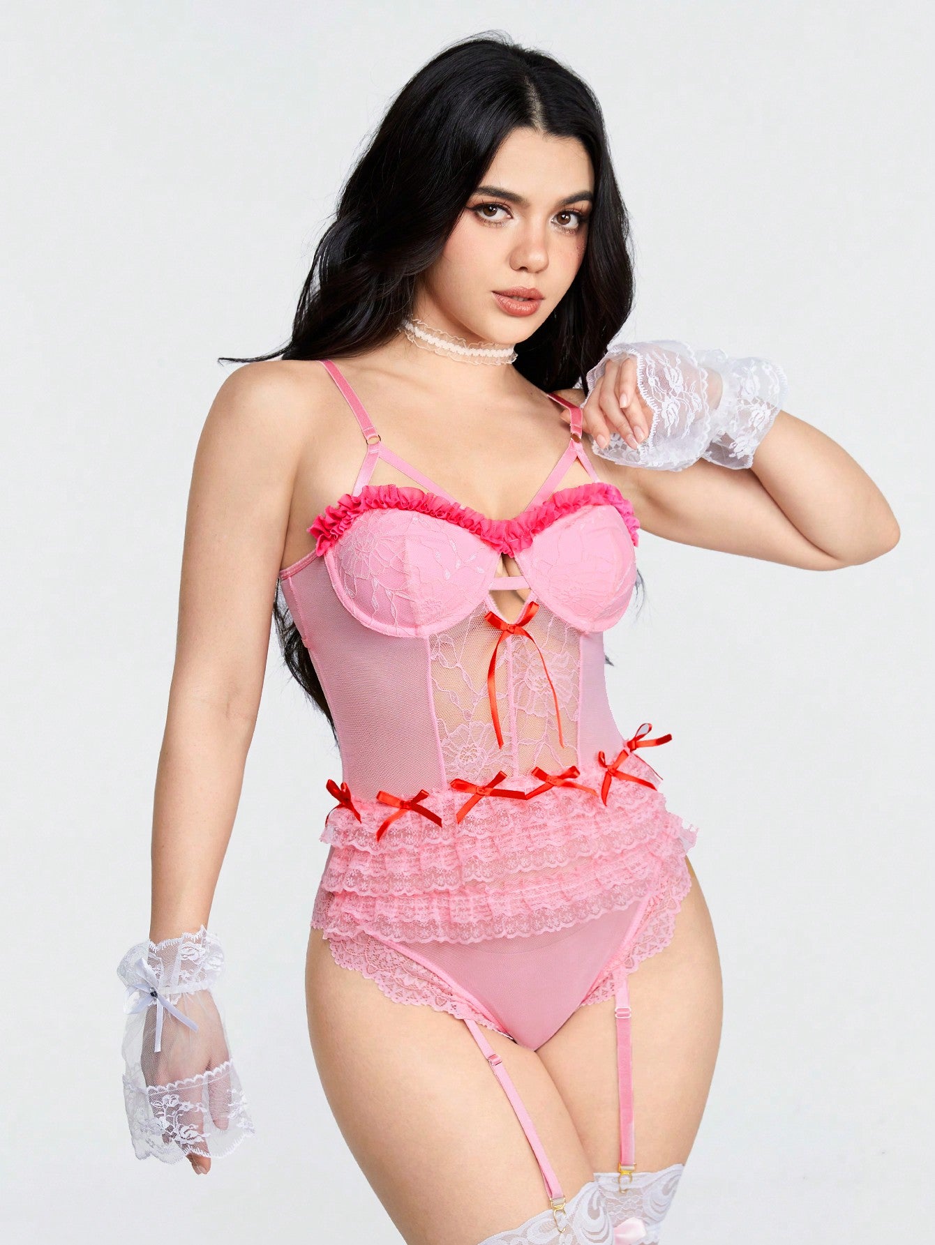 ROMWE Kawaii Body Sexy De Malla De Encaje Con Lazo Y Lazo, Capa De Pastel Con Aros Y Correa Elástica