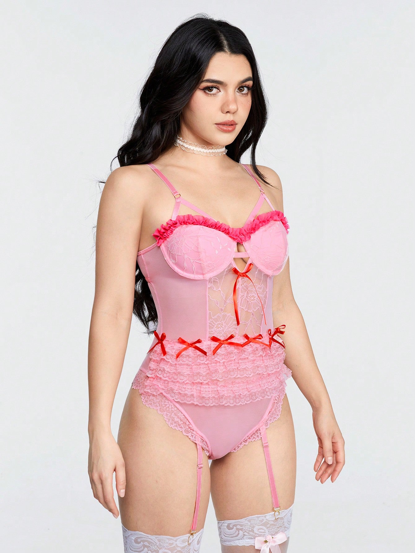 ROMWE Kawaii Body Sexy De Malla De Encaje Con Lazo Y Lazo, Capa De Pastel Con Aros Y Correa Elástica
