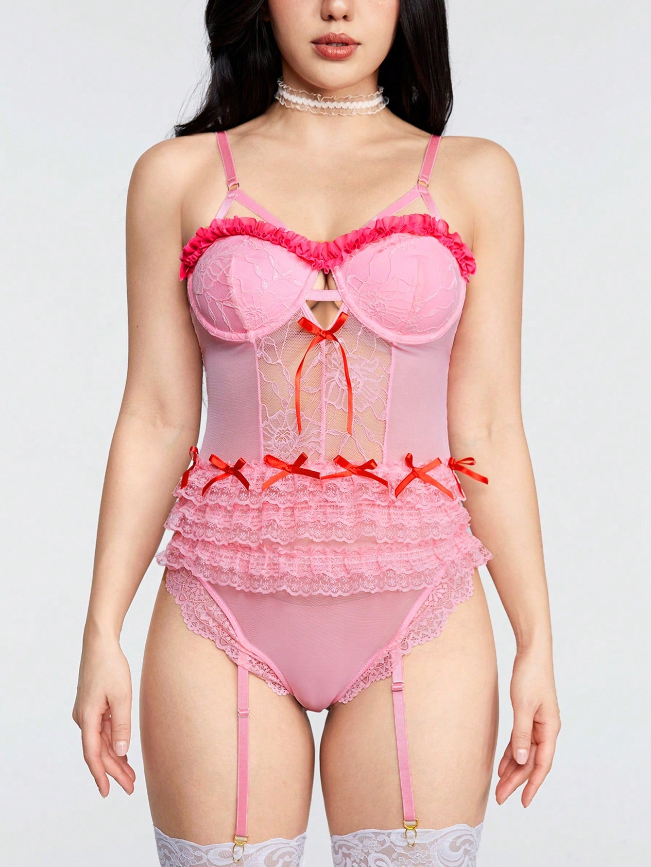 ROMWE Kawaii Body Sexy De Malla De Encaje Con Lazo Y Lazo, Capa De Pastel Con Aros Y Correa Elástica