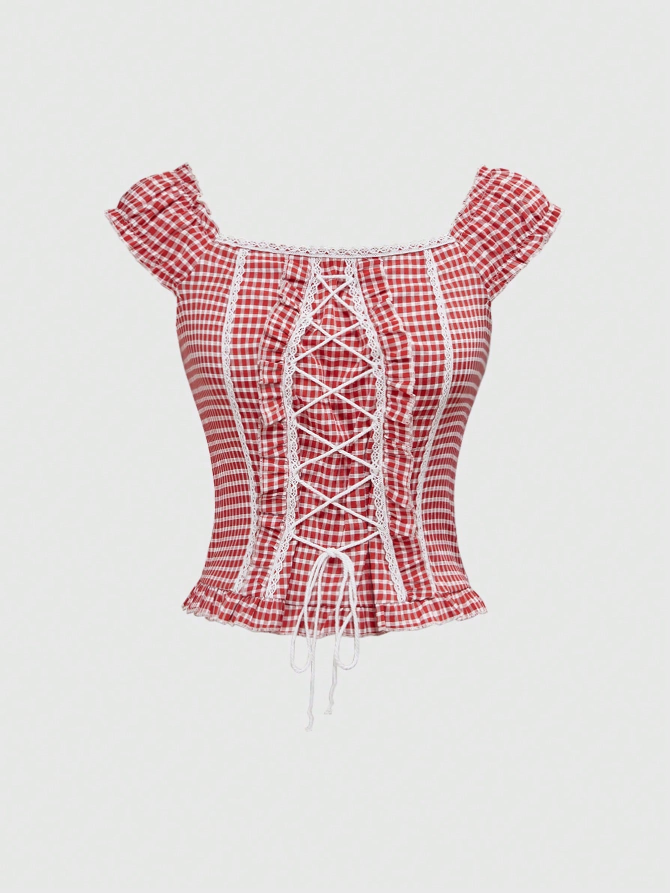 ROMWE Kawaii Camisa de mujer con cintura ajustable a cordón a cuadros, conjunto de verano