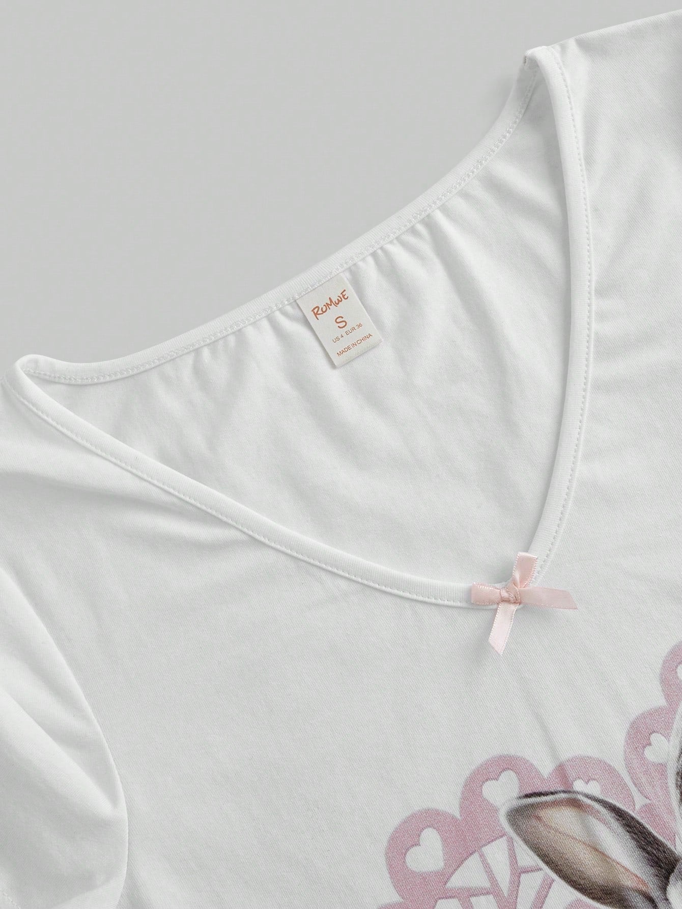 ROMWE Kawaii Camiseta De Manga Corta Con Cuello En V Y Estampado De Conejito De Verano