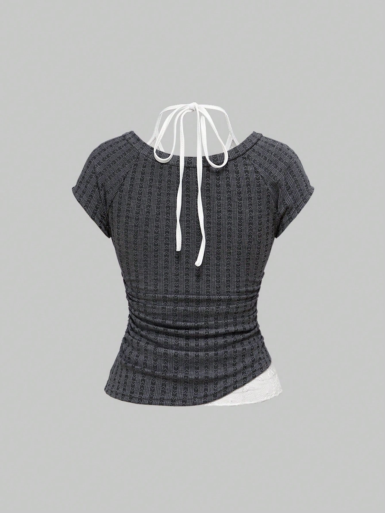 ROMWE Kawaii Camiseta ajustada con volantes y lazo delantero de mujer, con detalles de encaje, contraste y textura acanalada en color gris y estampado floral