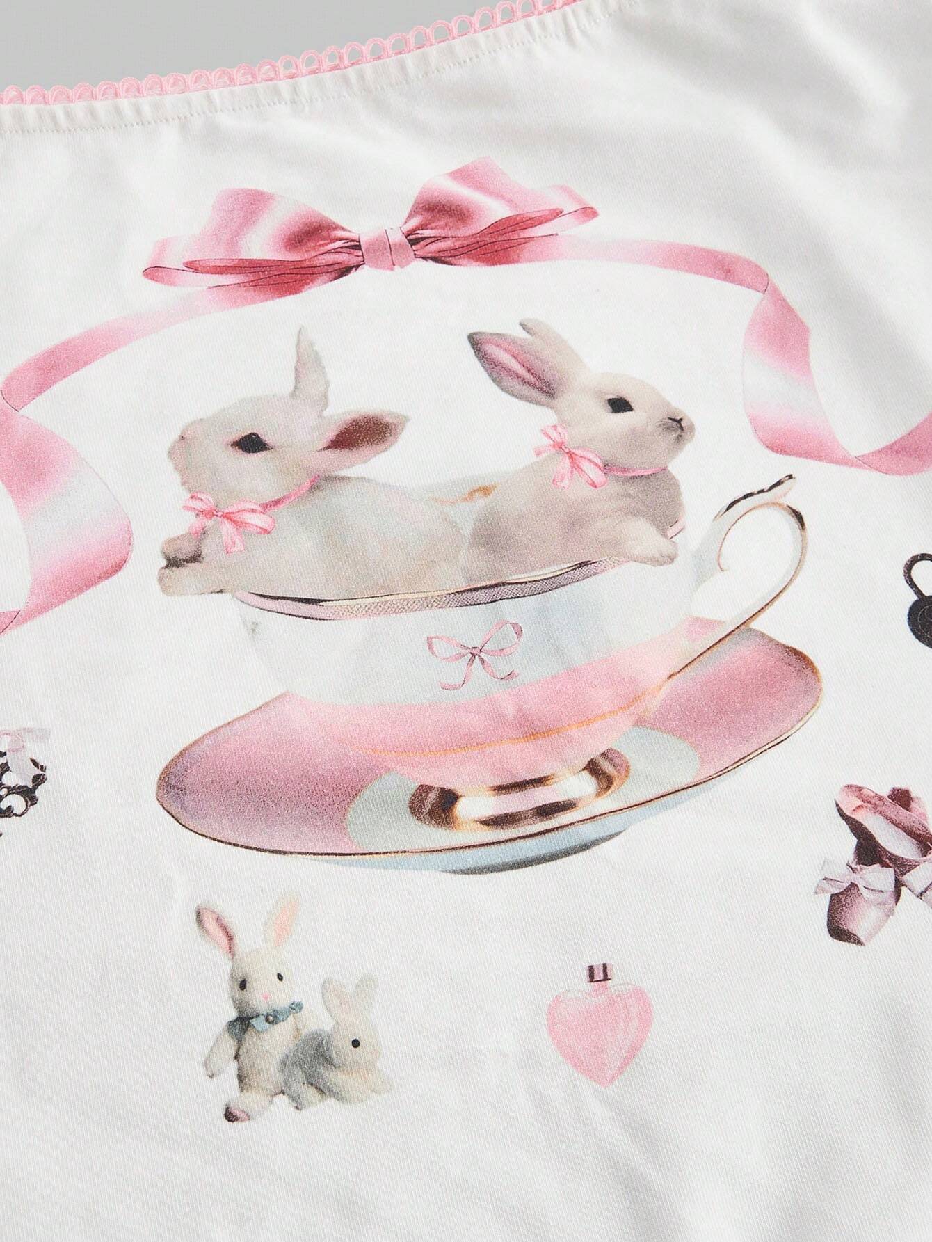 ROMWE Kawaii Camiseta ajustada de manga corta con cuello cuadrado y patrón de conejo Y2K para mujeres en moda de verano
